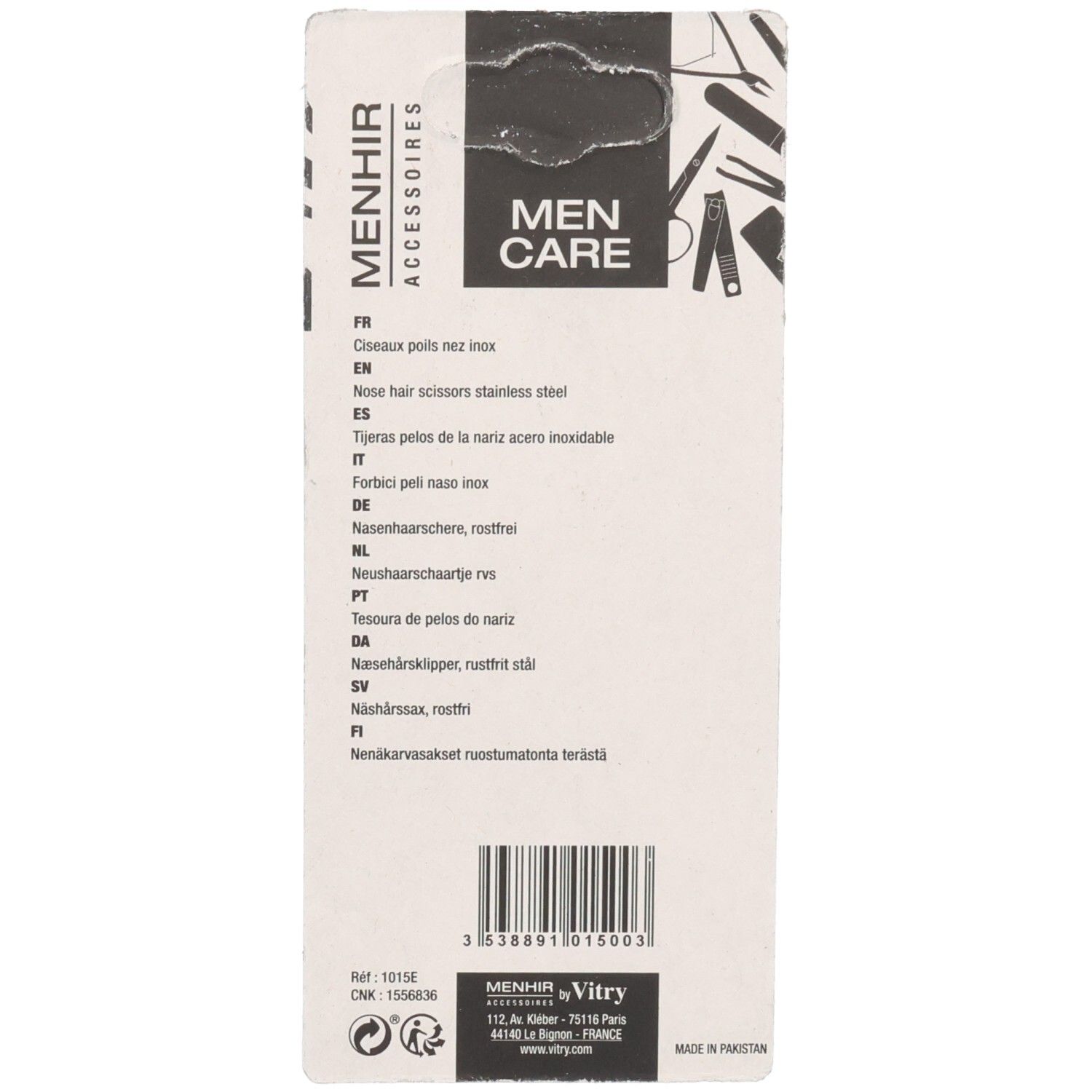 Rückseite der Verpackung. Menhir Accessoires. Text: Men Care, Nasenhaarscheren, Edelstahl. Barcode und Herstellerinformationen.