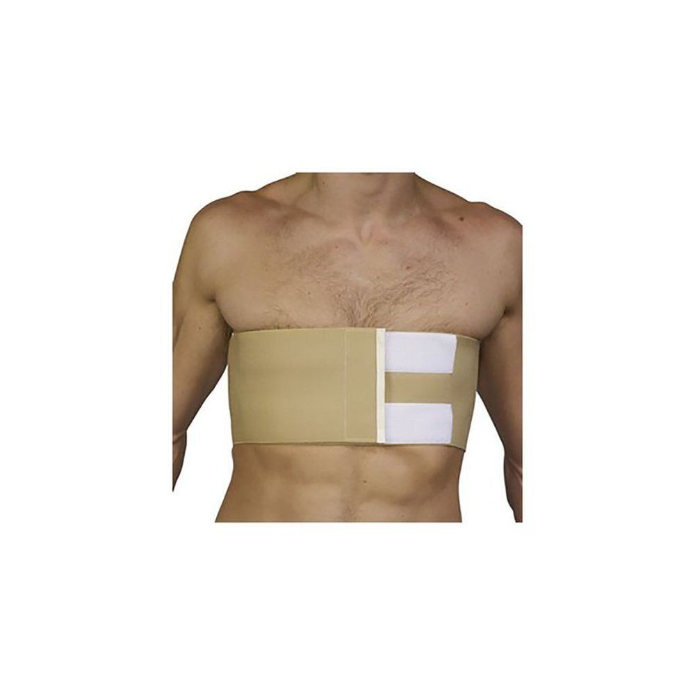 Bandage thoracique beige avec fermeture velcro. Porté sur le corps. Nom du produit non visible.