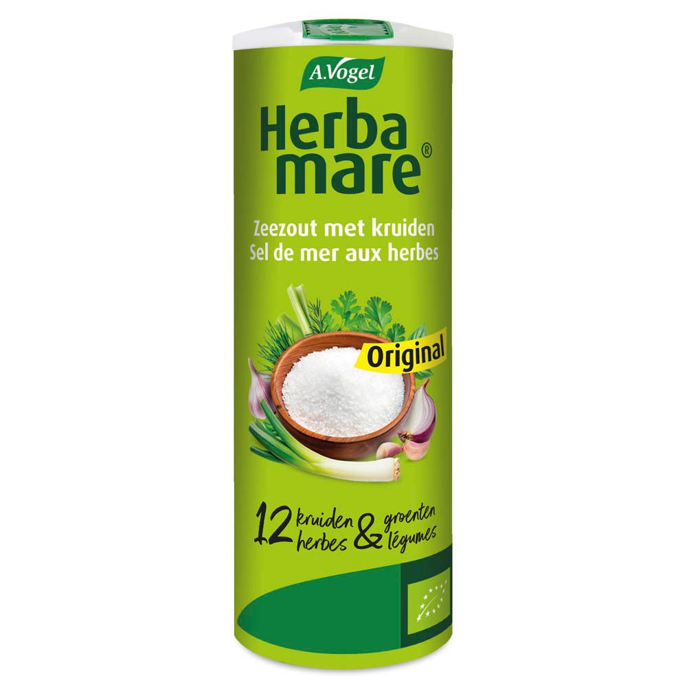 Boîte de sel aux herbes verte. A. Vogel Herbamare. Herbes et légumes illustrés. 12 herbes & légumes.