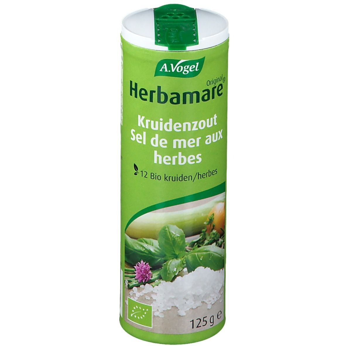 Grünes Kräutersalz-Behälter. A. Vogel Herbamare. Rückseite mit Nährwertangaben. Bio-Siegel.
