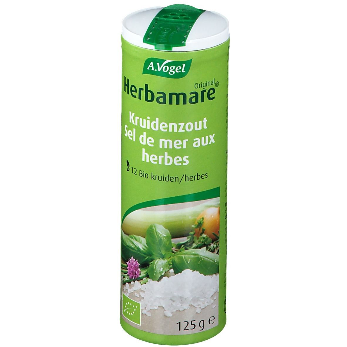 Grünes Kräutersalz-Behälter. A. Vogel Herbamare. Vorderseite. 12 Bio Kräuter. Bio-Siegel.