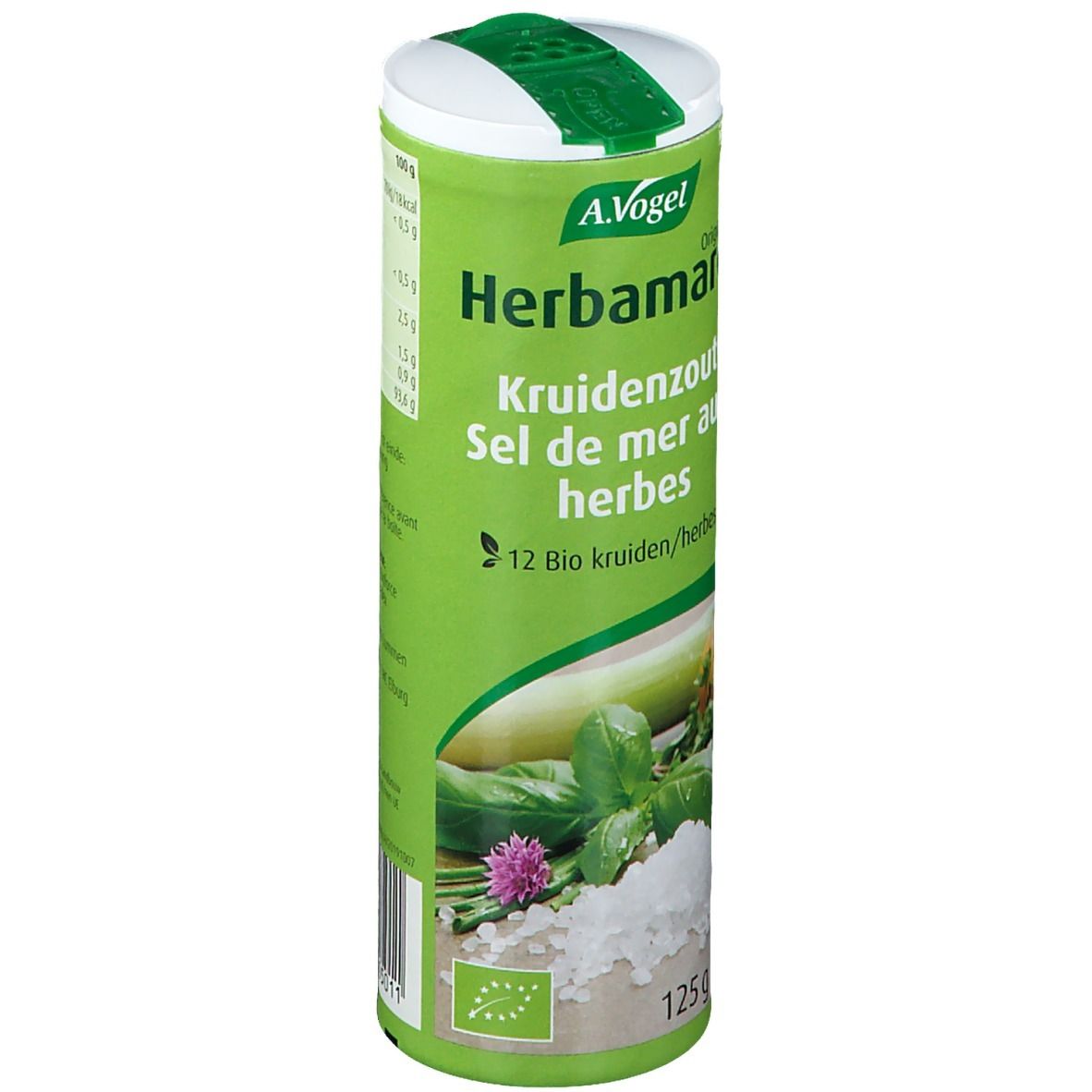 Grünes Kräutersalz-Behälter. A. Vogel Herbamare. Rückseite mit Nährwertangaben. Bio-Siegel.