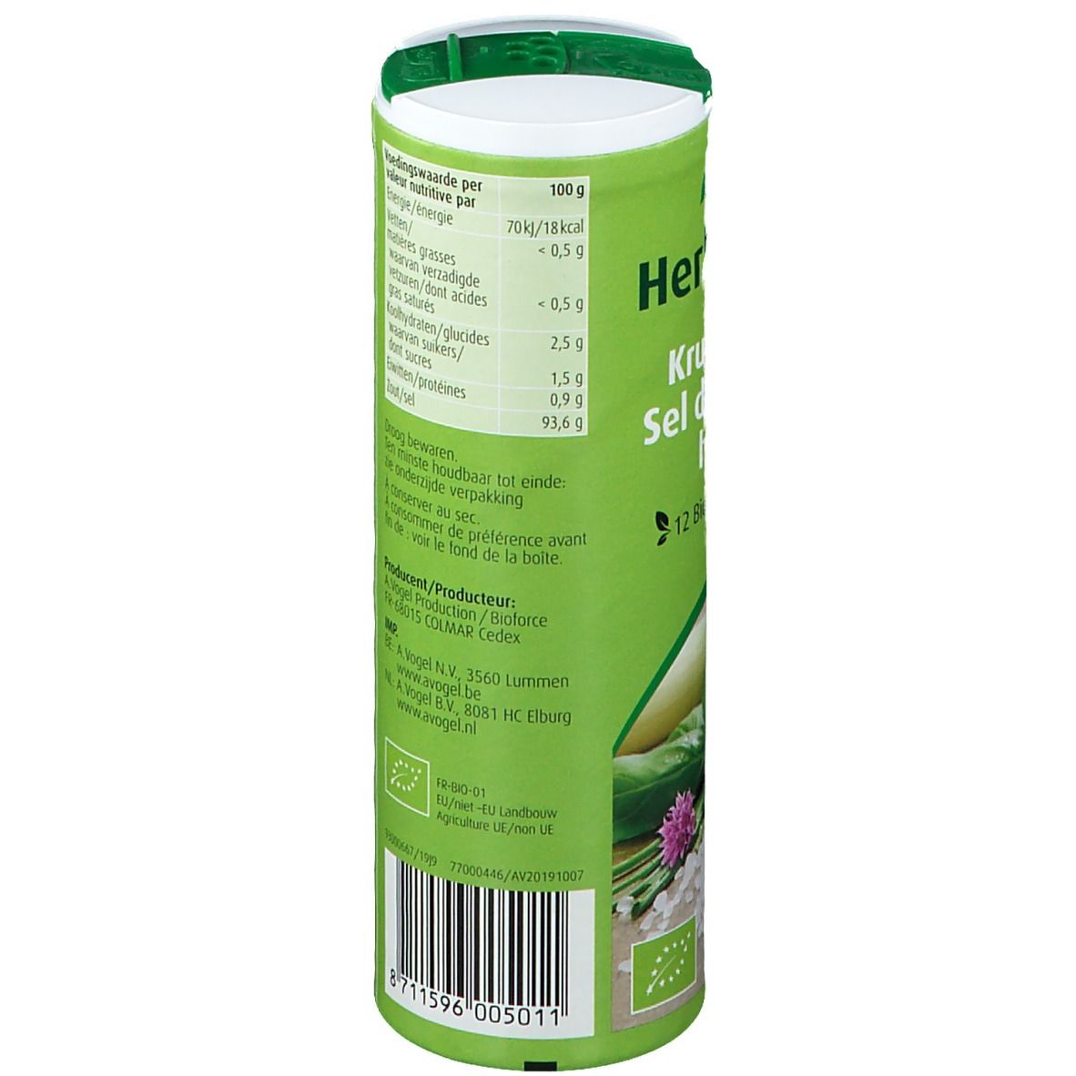 Grünes Kräutersalz-Behälter. A. Vogel Herbamare. Rückseite mit Text. Bio-Siegel.