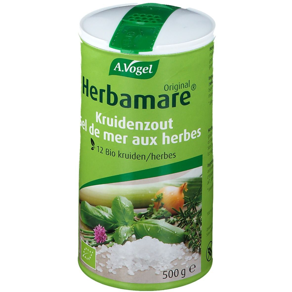 Rückseite der grünen Dose A.Vogel Herbamare. Zutatenliste, Nährwertangaben. Bio-Siegel. 100g.
