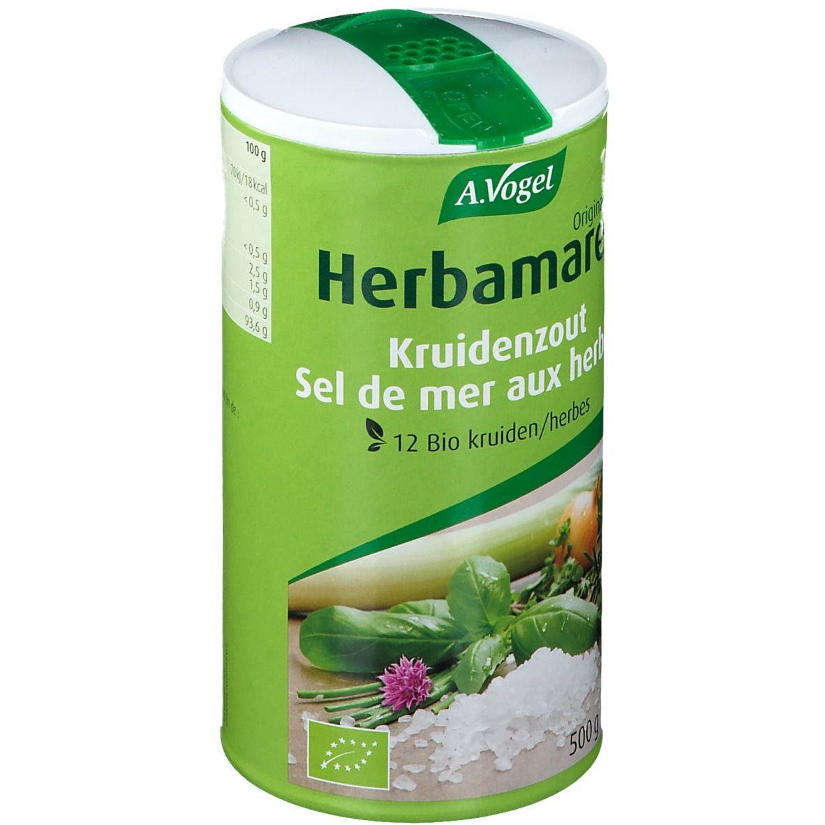 Grüne Dose A.Vogel Herbamare. Kräutersalz mit 12 Kräutern. Bio-Siegel. 500g.