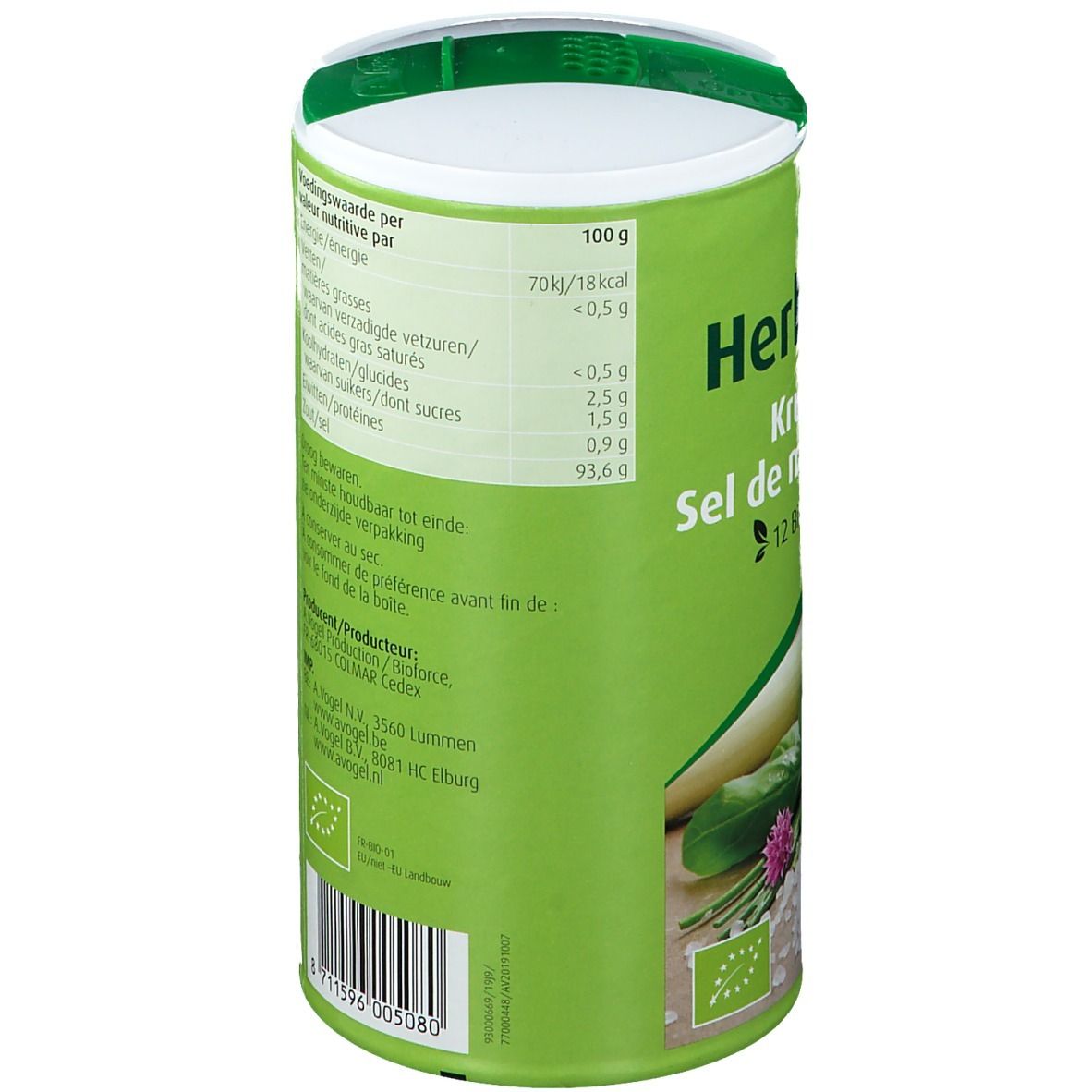 Grüne Dose A.Vogel Herbamare. Kräutersalz mit 12 Kräutern. Bio-Siegel. 500g.