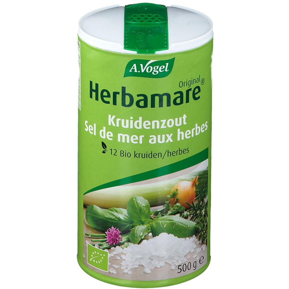Grüne Dose A.Vogel Herbamare. Kräutersalz mit 12 Kräutern. Bio-Siegel. 500g.