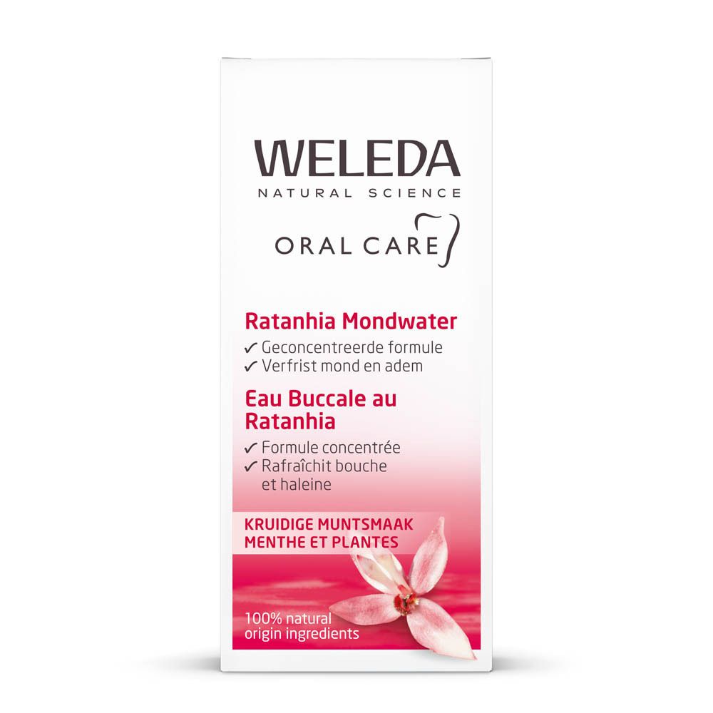 Weleda Ratanhia Mundwasser in weißer Faltschachtel mit rosa Akzenten.