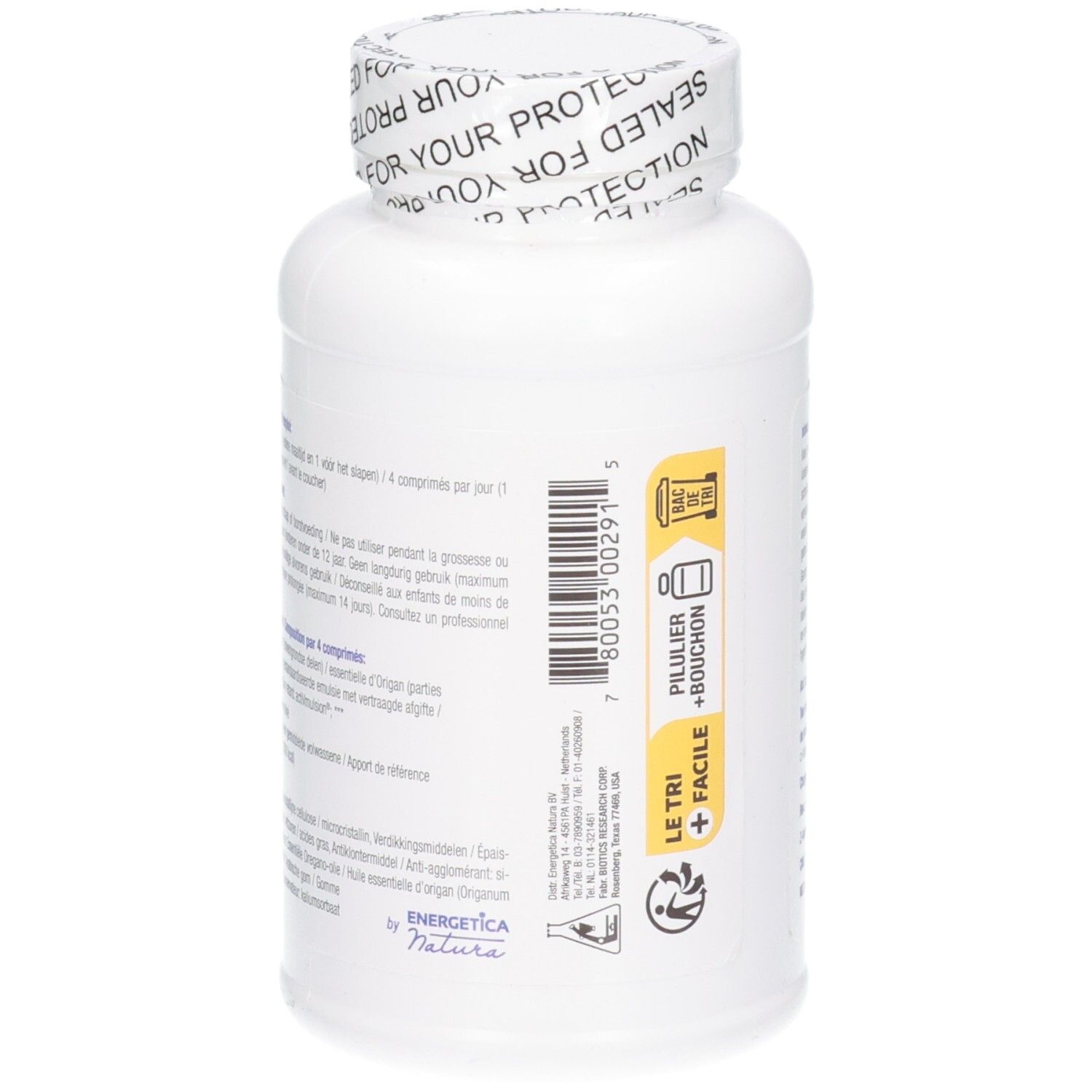 Seitenansicht einer weißen Flasche mit A.D.P.® Produktinformationen und Barcode.