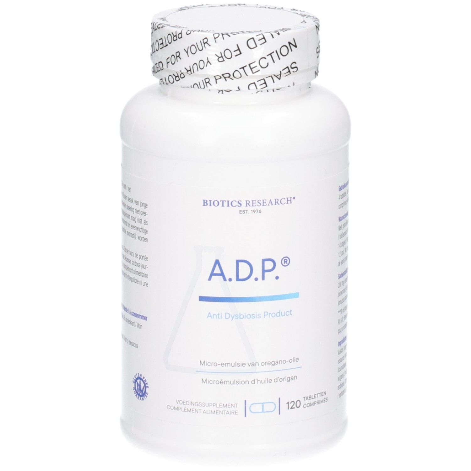 Weiße Flasche mit A.D.P.® Anti Dysbiosis Product, 120 Tabletten, und Produktinformationen.