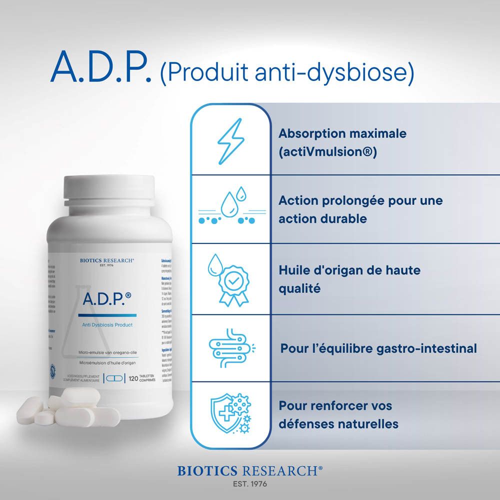 Vue latérale d'une bouteille blanche avec informations produit A.D.P.® et code-barres.