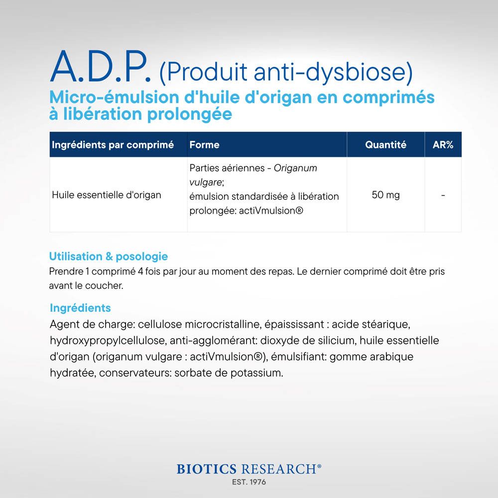 Arrière d'une bouteille blanche avec informations produit A.D.P.®, ingrédients et dosage.