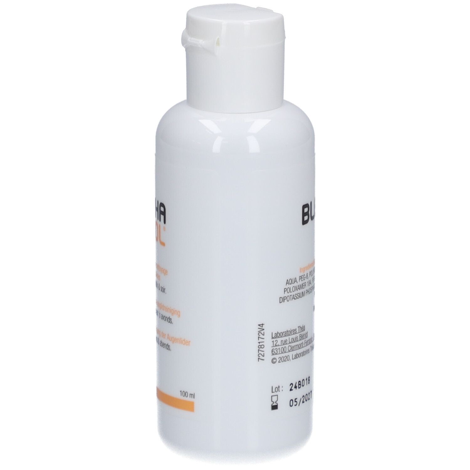 Weiße Flasche mit weißem Deckel. Aufschrift: BLEPHASOL. Enthält Inhaltsstoffe. 100 ml. Chargennummer und Verfallsdatum.