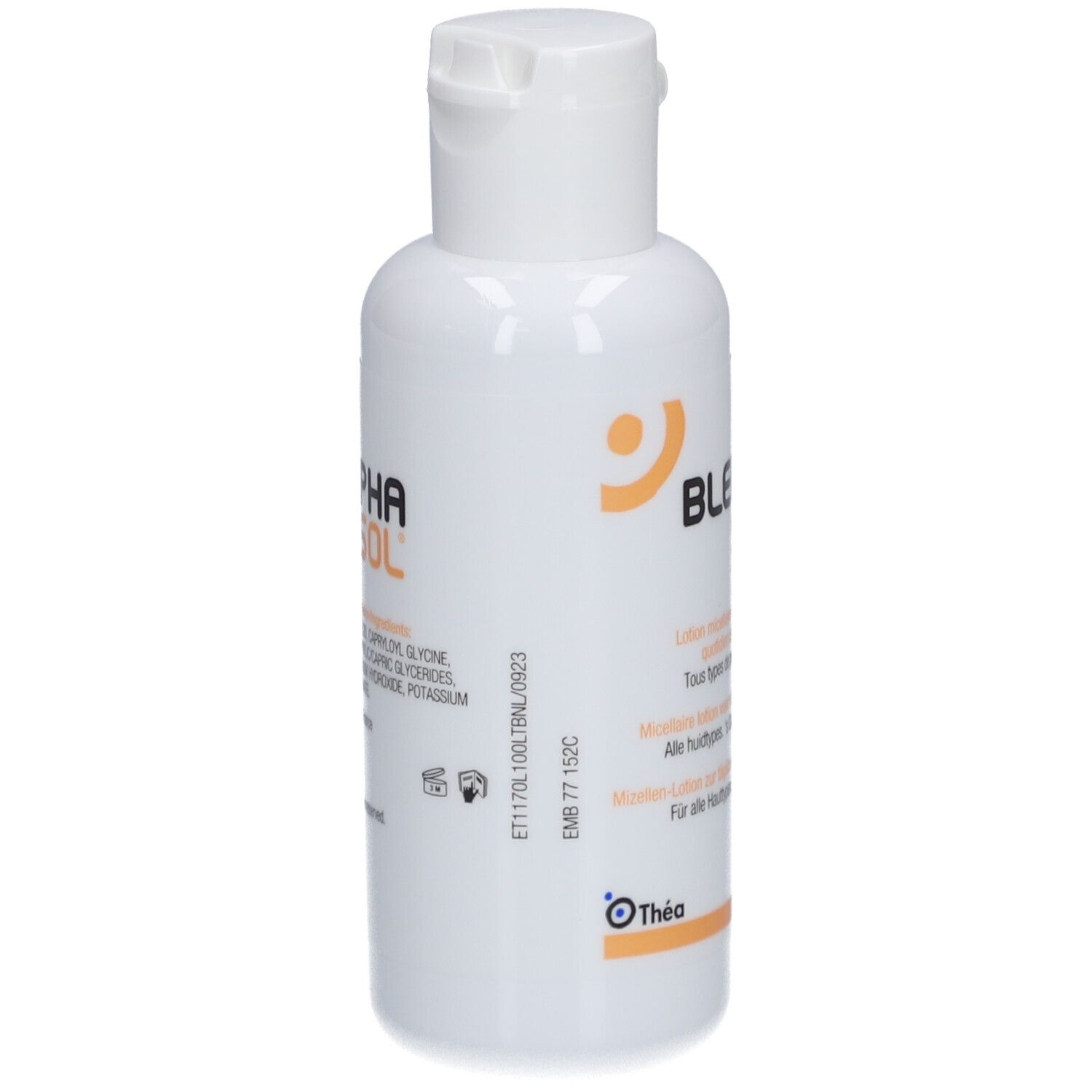 Weiße Flasche mit weißem Deckel. Aufschrift: BLEPHASOL. Enthält Inhaltsstoffe. Text in Deutsch und Französisch. Logo Théa.