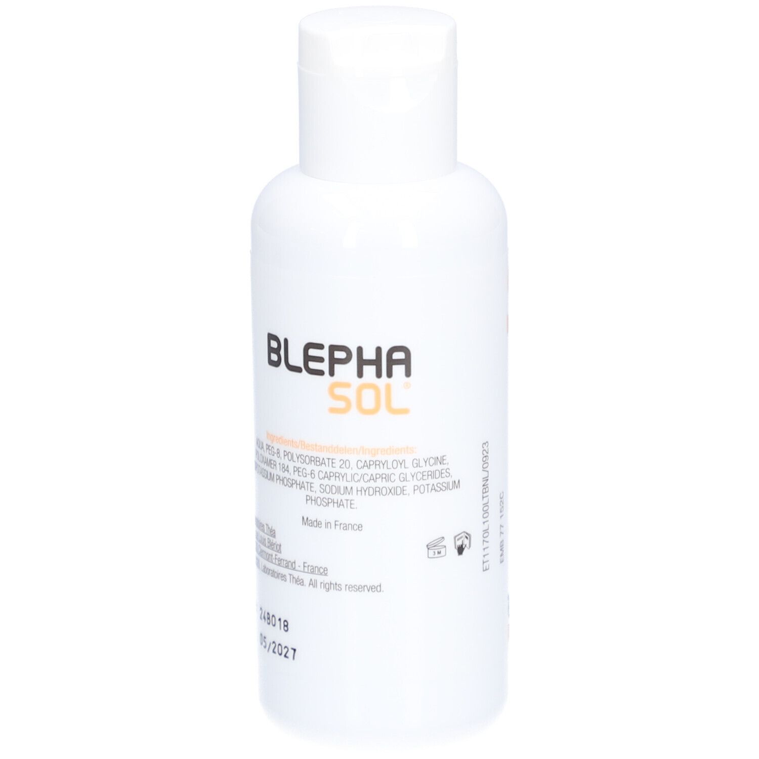 Weiße Flasche mit weißem Deckel. Aufschrift: BLEPHASOL. Enthält Inhaltsstoffe. Chargennummer und Verfallsdatum. Hergestellt in Frankreich.