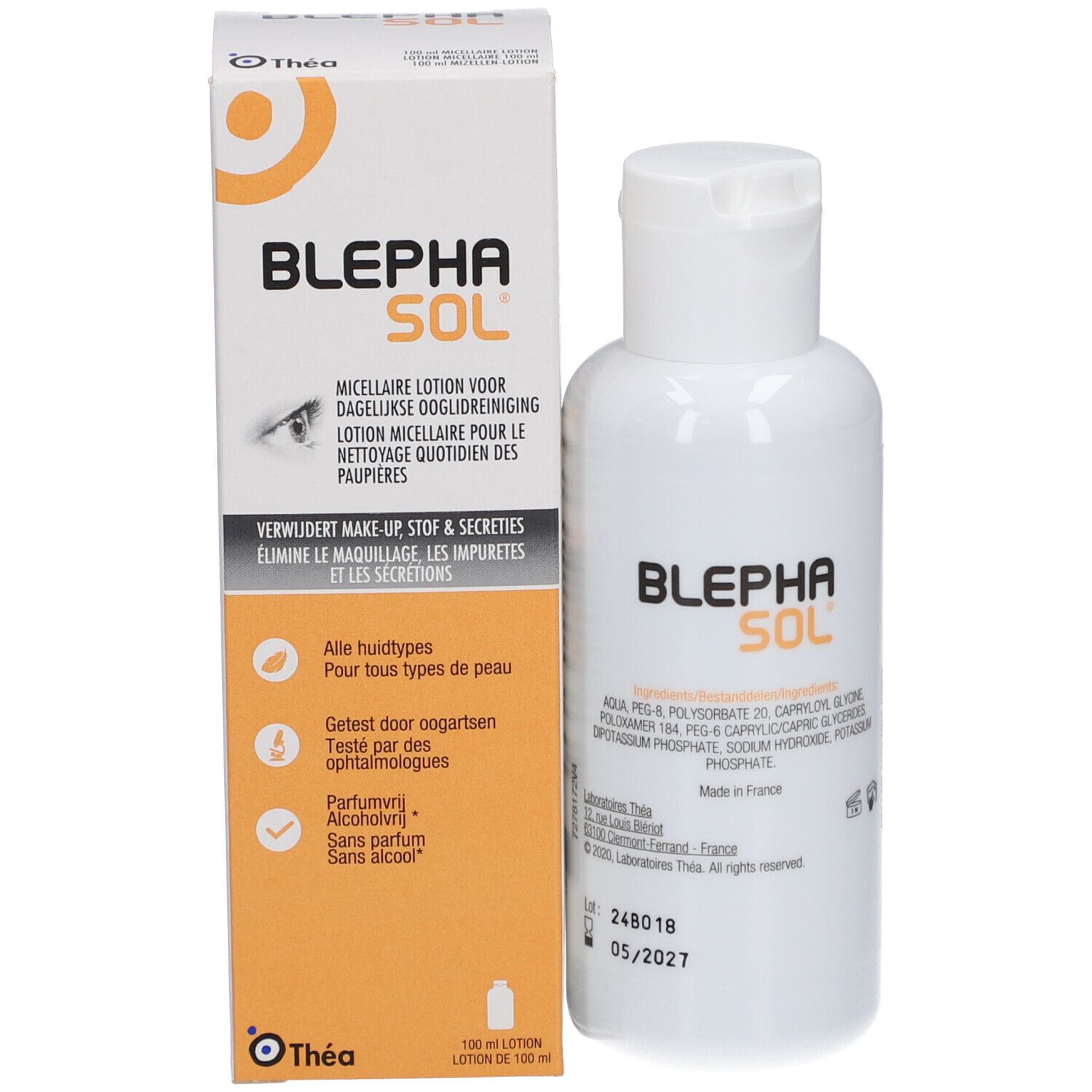 Produktverpackung und Flasche. Aufschrift: BLEPHASOL. Text in Niederländisch und Französisch. 100 ml. Logo Théa. Ohne Parfüm und Alkohol.