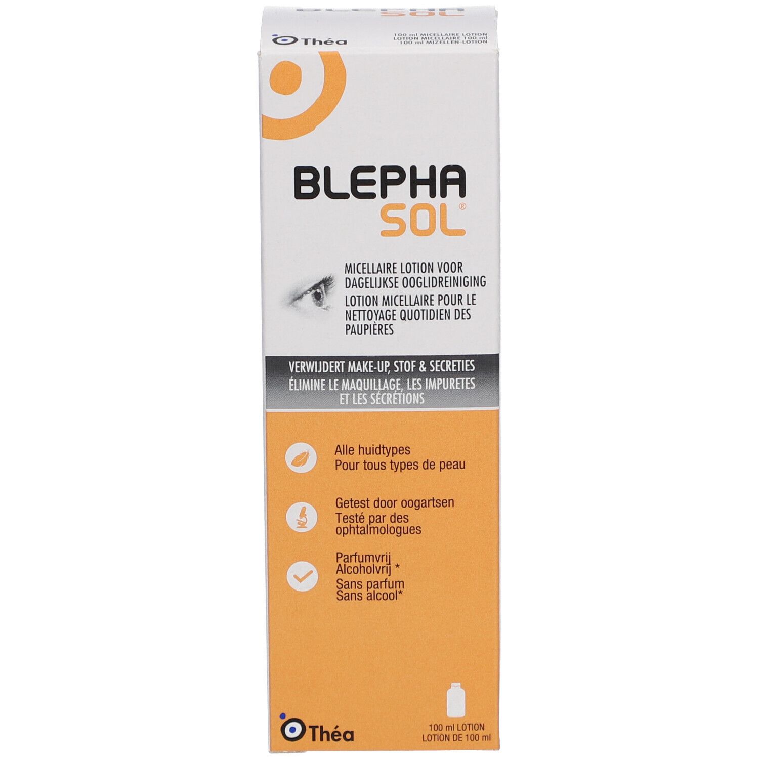 Produktverpackung. Aufschrift: BLEPHASOL. Text in Niederländisch und Französisch. 100 ml. Logo Théa. Ohne Parfüm und Alkohol.