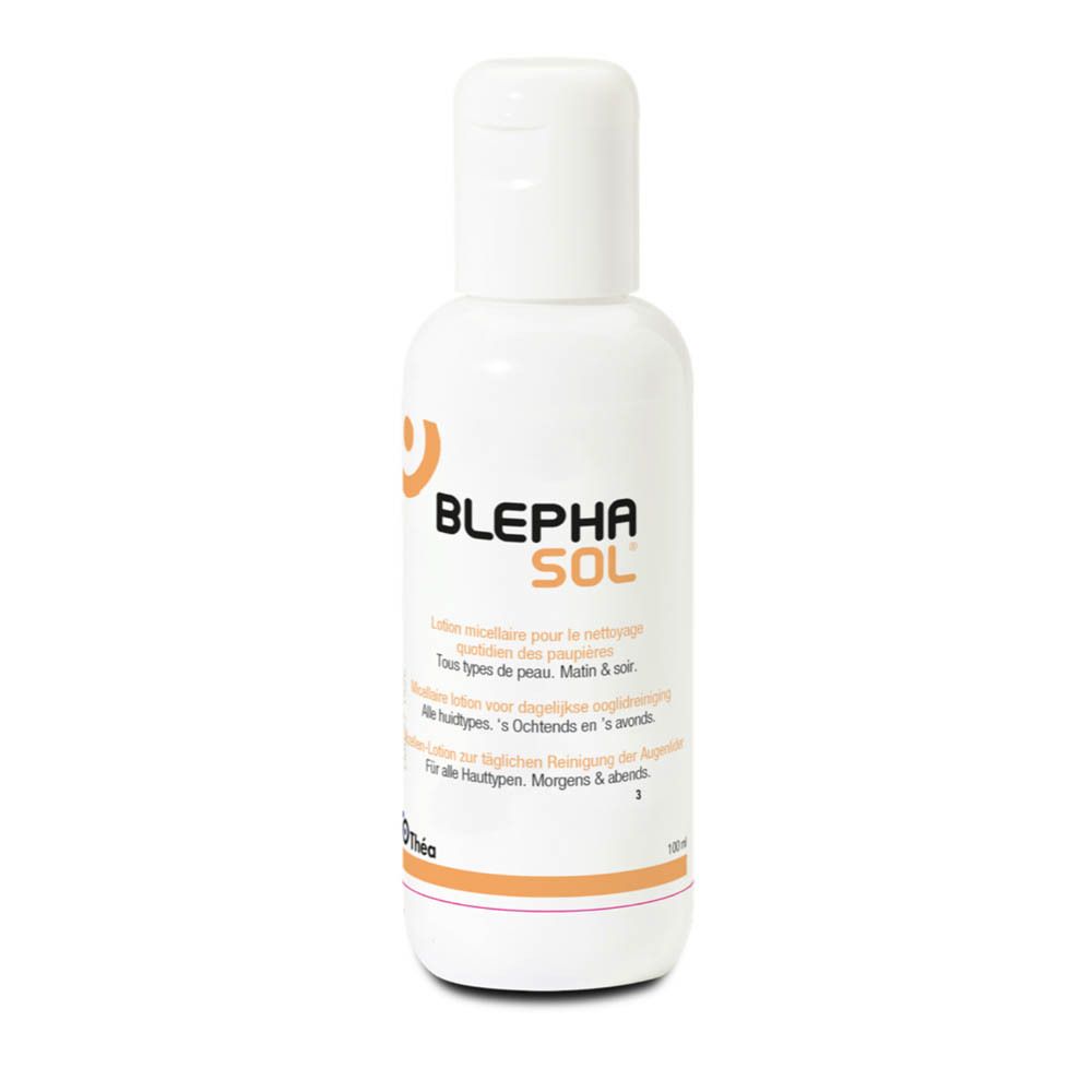 Flacon blanc avec bouchon blanc. Inscription BLEPHASOL. Texte en allemand et français. 100 ml. Logo Théa. Sans parfum et alcool.