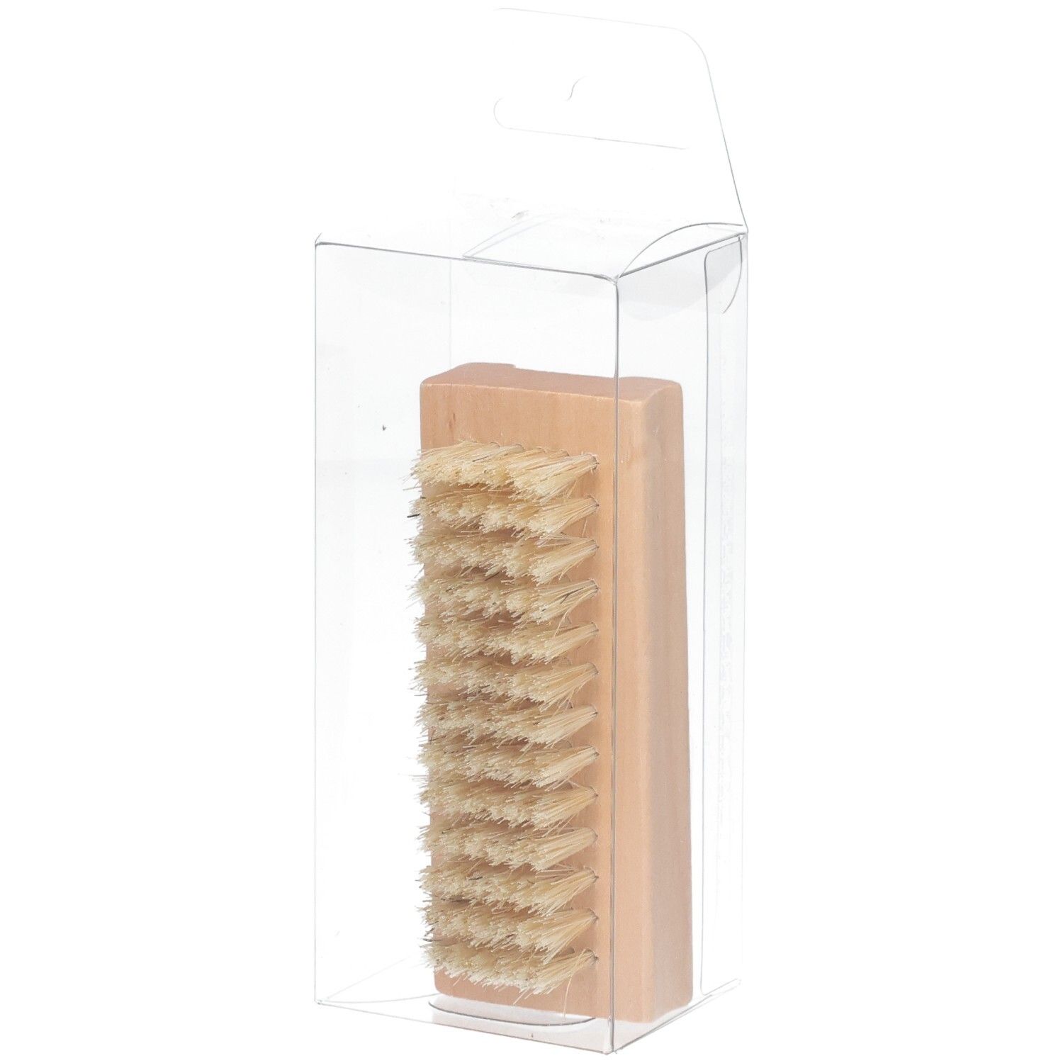 Nagelbürste aus Holz mit hellen Borsten, in transparenter Verpackung.