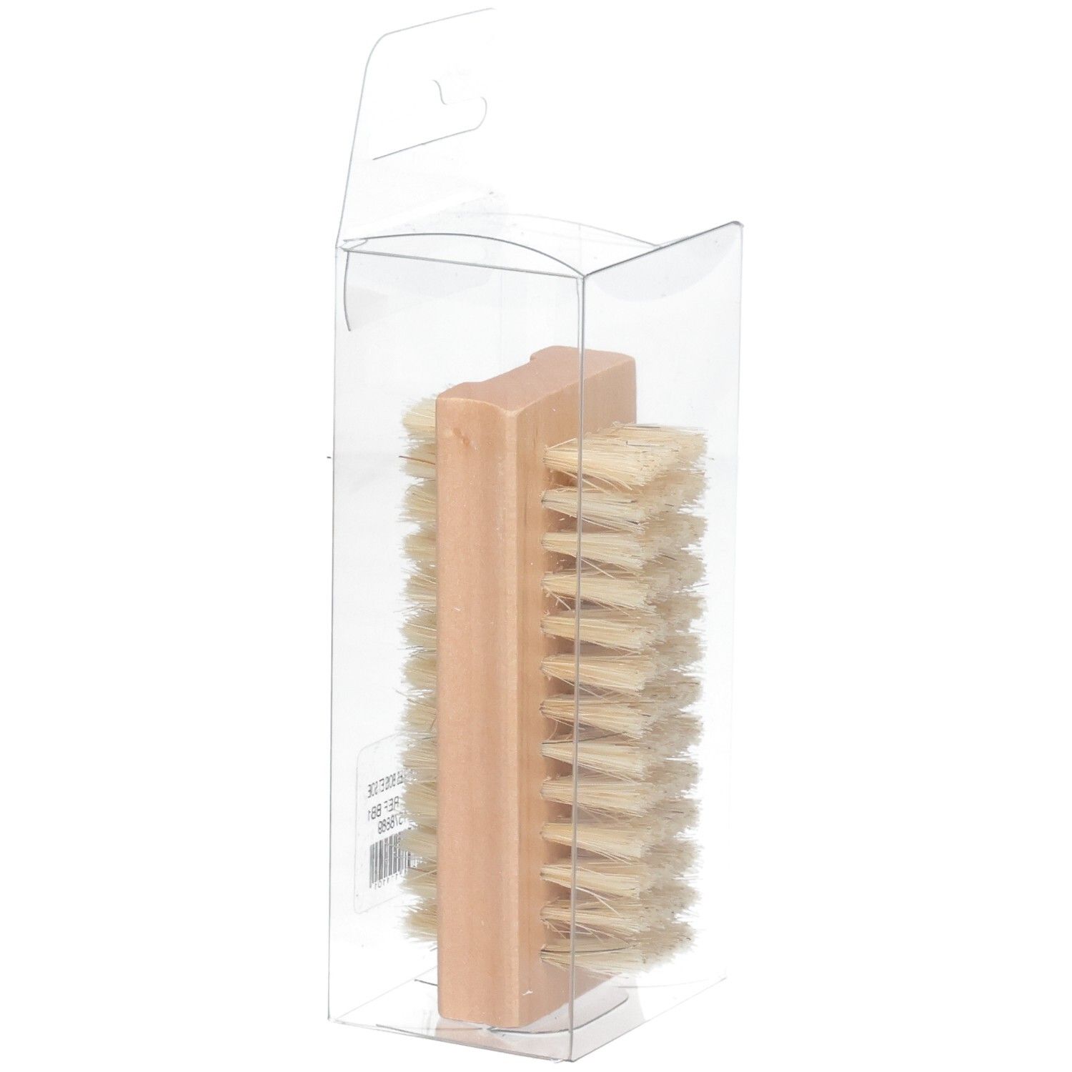 Nagelbürste aus Holz mit hellen Borsten, in transparenter Verpackung, Seitenansicht.