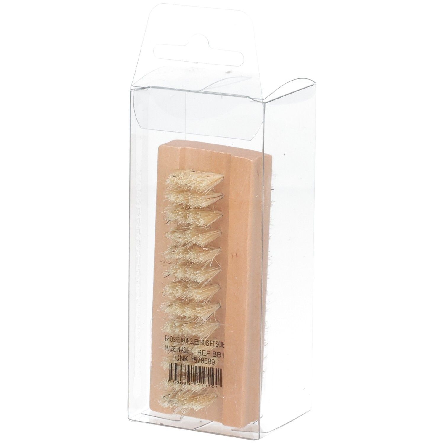 Nagelbürste aus Holz mit hellen Borsten, in transparenter Verpackung, mit Barcode.