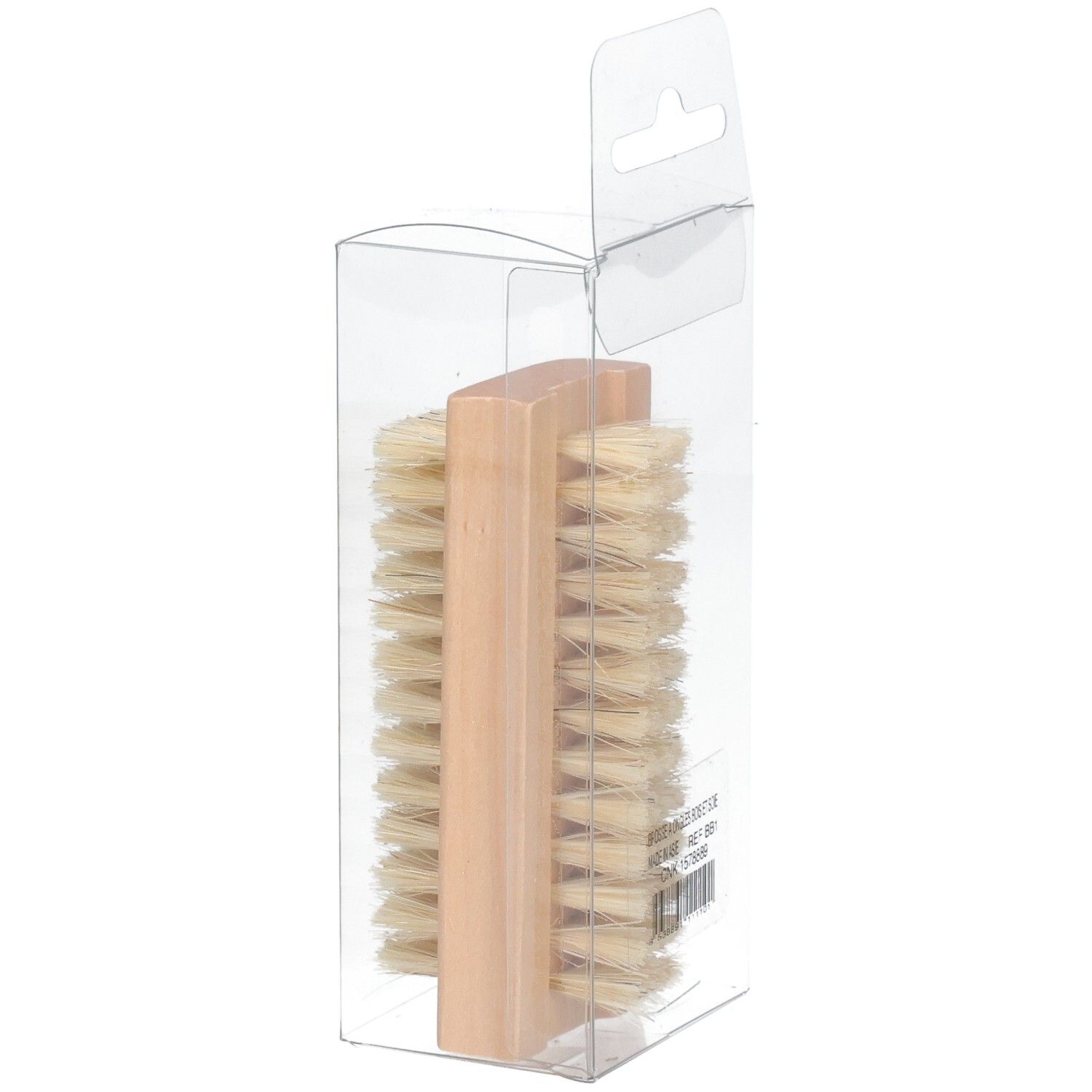 Nagelbürste aus Holz mit hellen Borsten, in transparenter Verpackung, Seitenansicht.