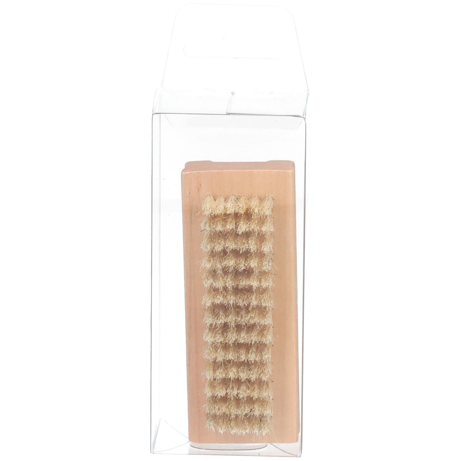 Nagelbürste aus Holz mit hellen Borsten, in transparenter Verpackung, Draufsicht.