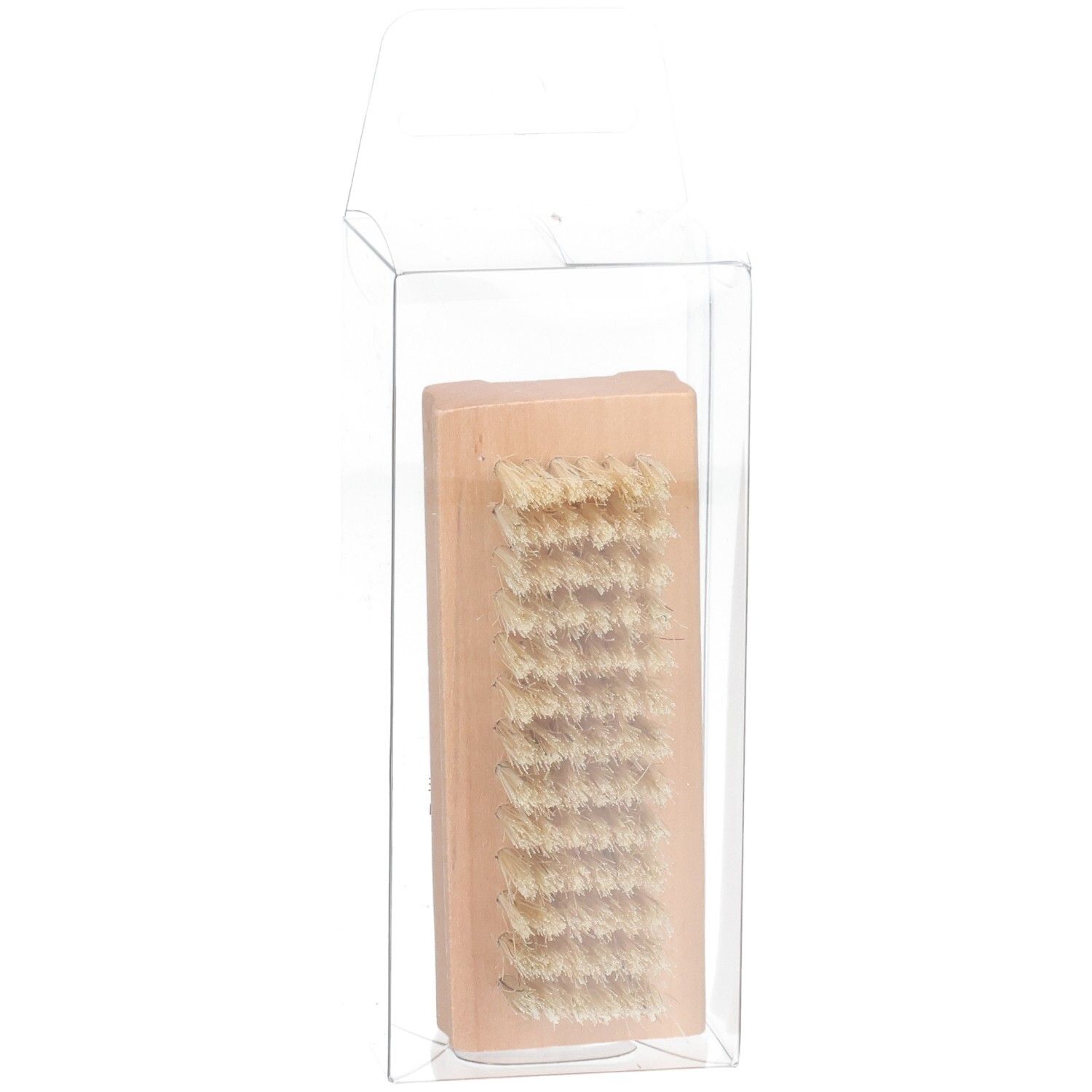 Nagelbürste aus Holz mit hellen Borsten, in transparenter Verpackung, Draufsicht.