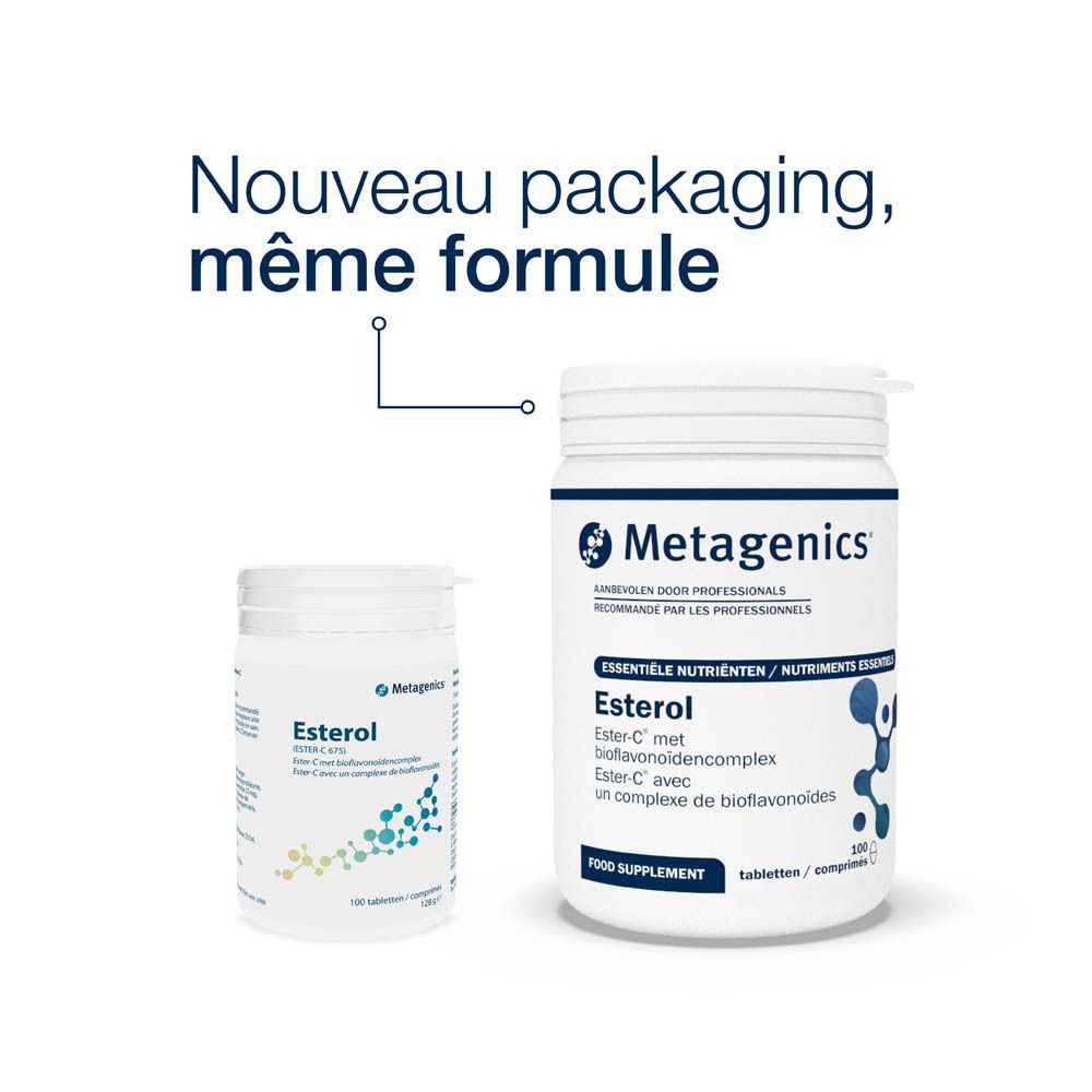 Boîte blanche Esterol Metagenics®. Inscription Esterol, 100 comprimés. Décor bleu et vert.