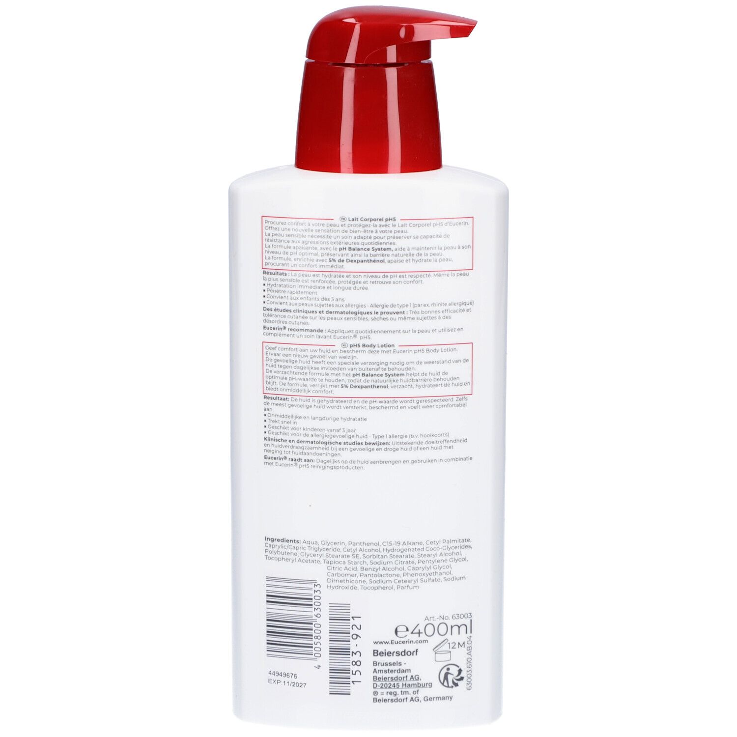 Rückseite der Eucerin pH5 Lotion-Flasche. Text und Inhaltsstoffe sind sichtbar.