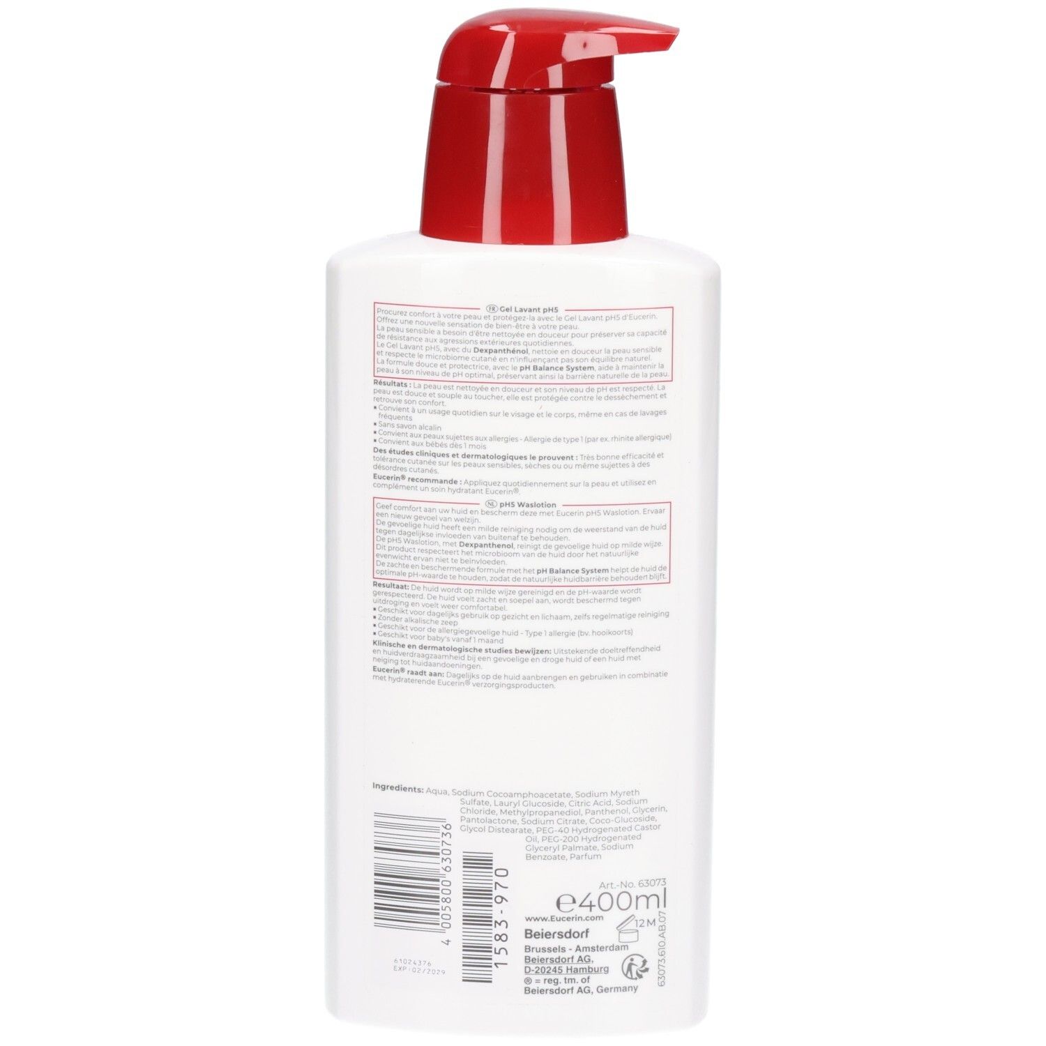 Rückseite der Eucerin pH5 Waschlotion Flasche mit Produktinformationen und Barcode.