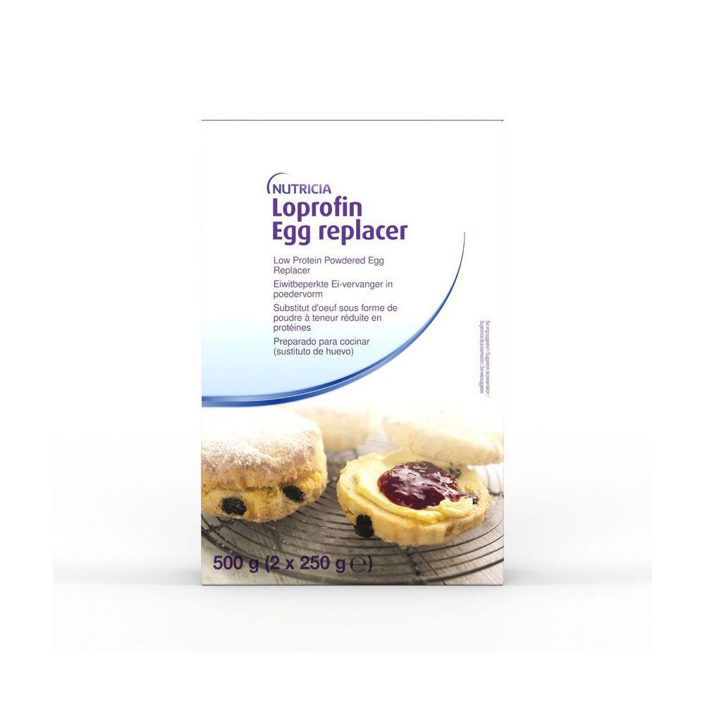Boîte Loprofin Egg Replacer. Boîte blanche avec nom du produit et pâtisseries. 500g (2x250g).