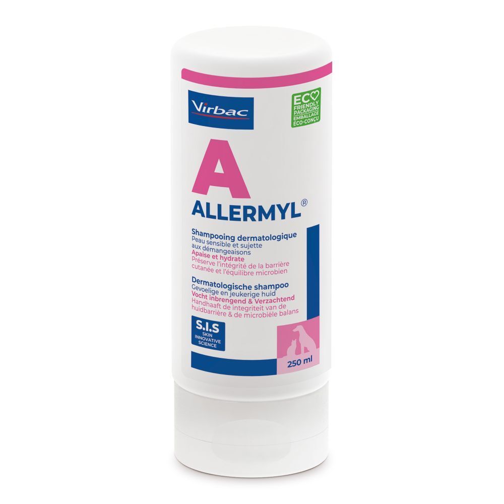 Weiße Flasche mit rosa Akzenten. Aufschrift "A ALLERMYL" und "Virbac". Enthält dermatologisches Shampoo für Hunde und Katzen.