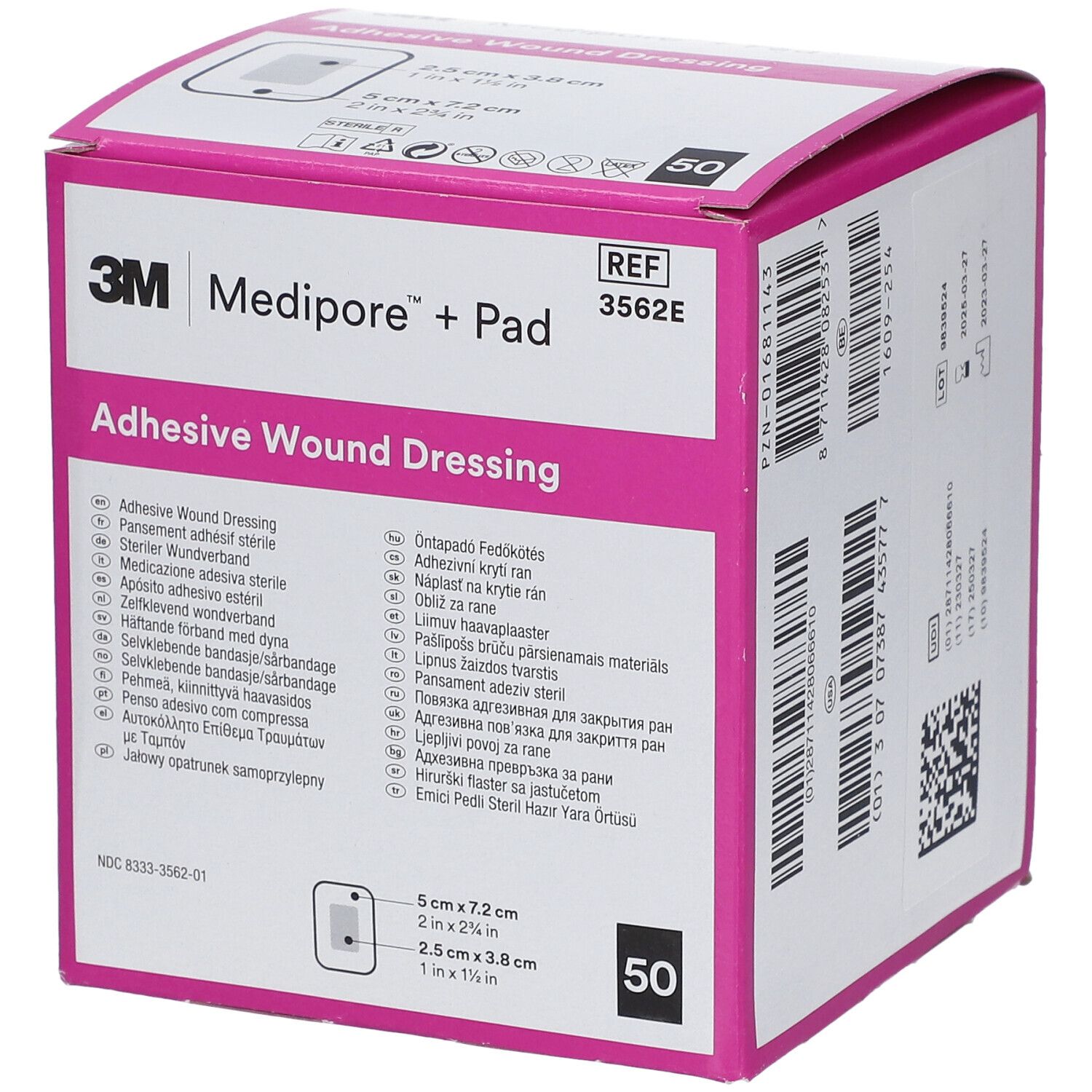 Rosa Verpackung von 3M Medipore + Pad. Aufschrift: Adhesive Wound Dressing. Enthält 50 Stück. Größe: 5,0 cm x 7,2 cm.