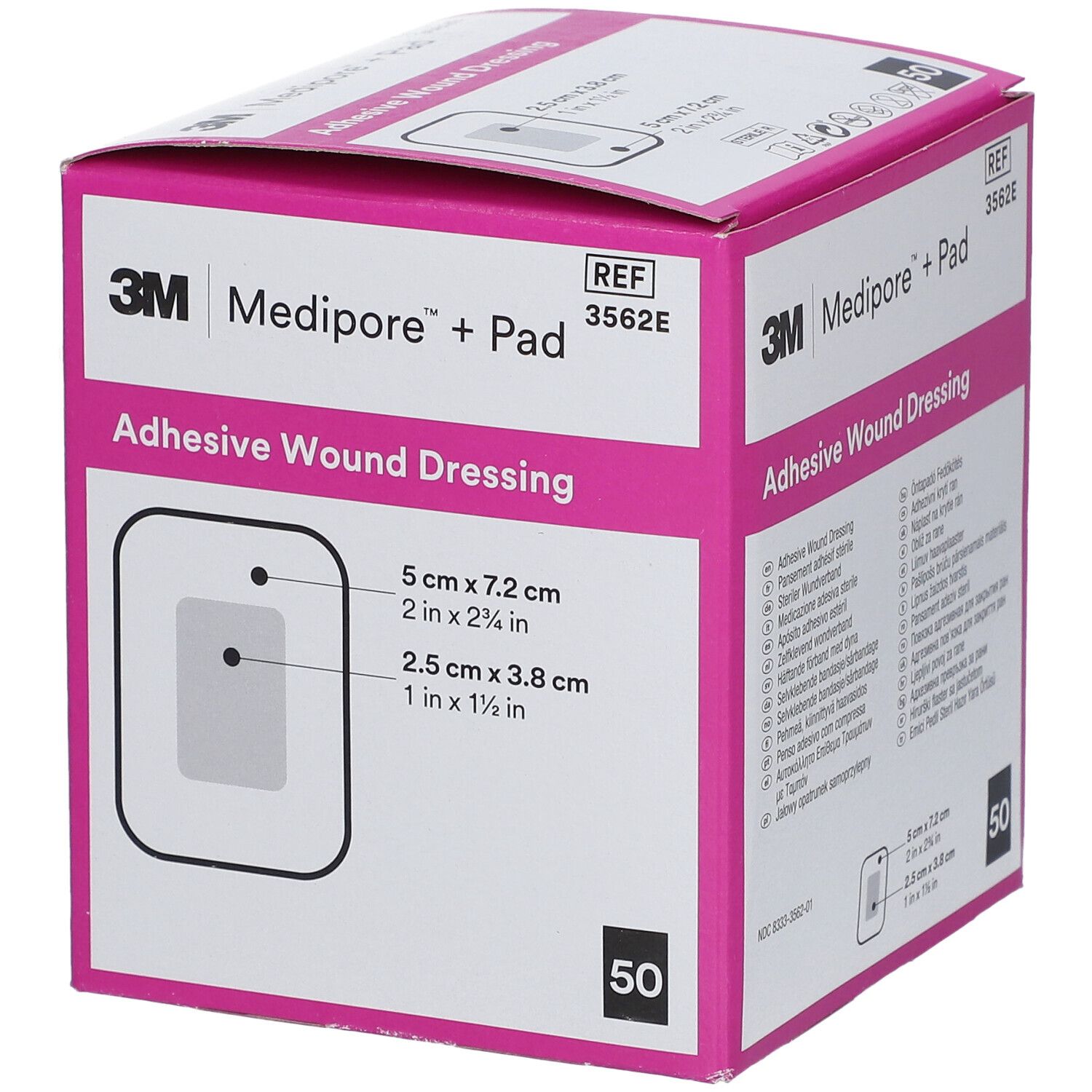 Rosa Verpackung von 3M Medipore + Pad. Aufschrift: Adhesive Wound Dressing. Enthält 50 Stück. Größe: 5,0 cm x 7,2 cm.