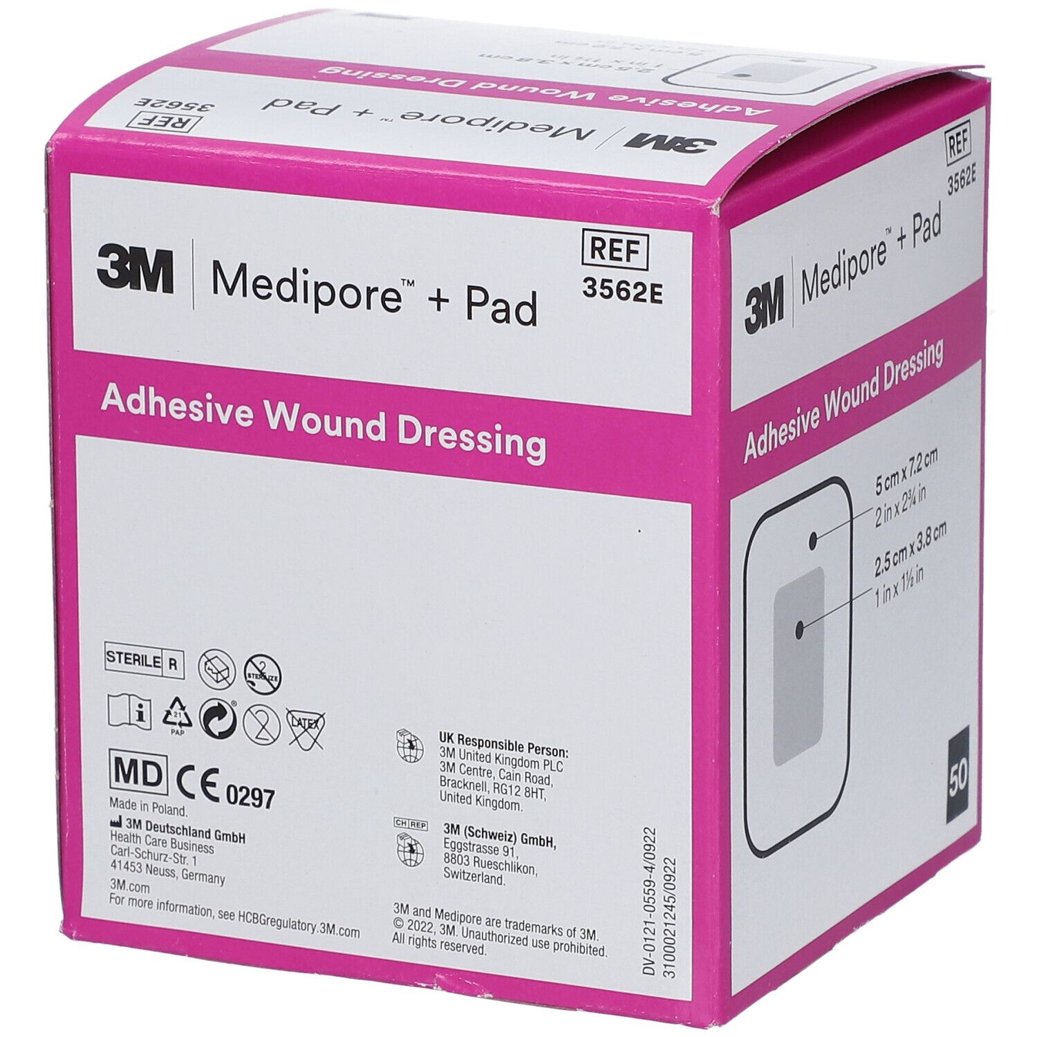 Rosa Verpackung von 3M Medipore + Pad. Aufschrift: Adhesive Wound Dressing. Enthält 50 Stück. Größe: 5,0 cm x 7,2 cm.