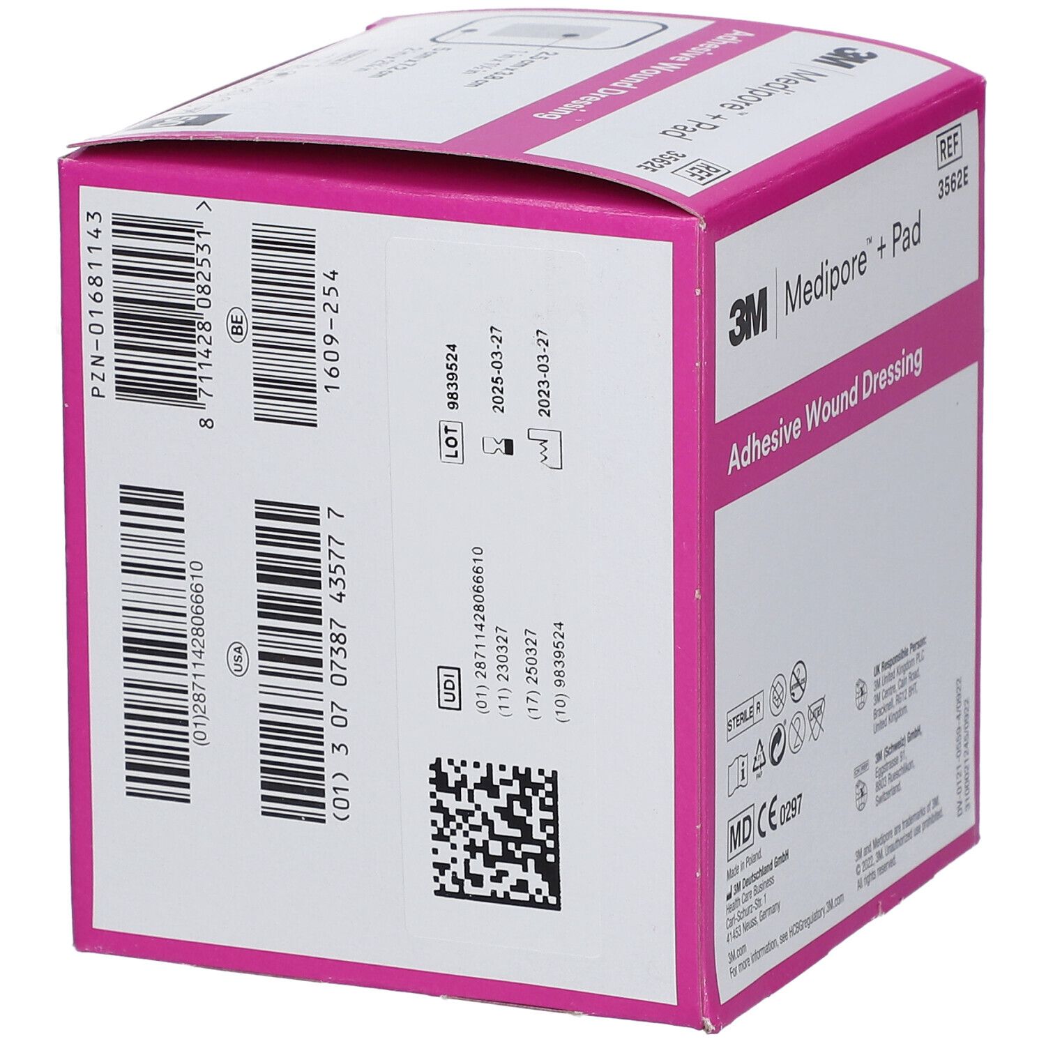 Rosa Verpackung von 3M Medipore + Pad. Aufschrift: Adhesive Wound Dressing. Enthält 50 Stück. Größe: 5,0 cm x 7,2 cm.