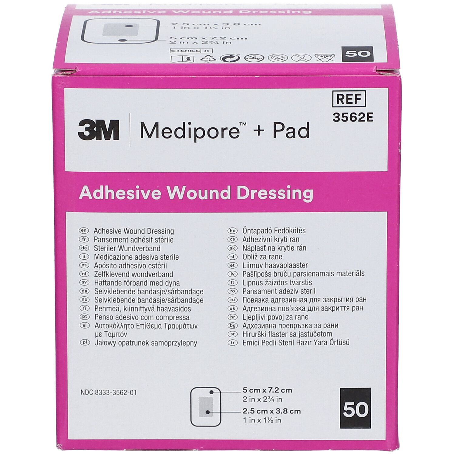 Rosa Verpackung von 3M Medipore + Pad. Aufschrift: Adhesive Wound Dressing. Enthält 50 Stück. Größe: 5,0 cm x 7,2 cm.
