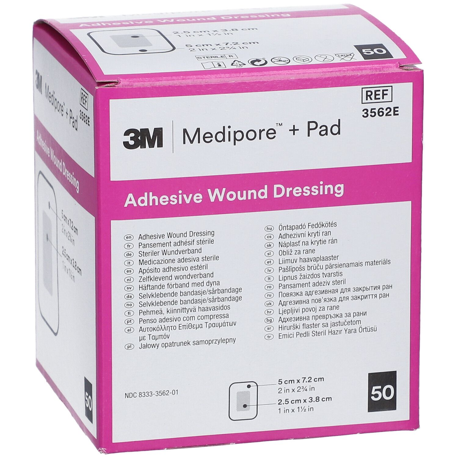 Rosa Verpackung von 3M Medipore + Pad. Aufschrift: Adhesive Wound Dressing. Enthält 50 Stück. Größe: 5,0 cm x 7,2 cm.
