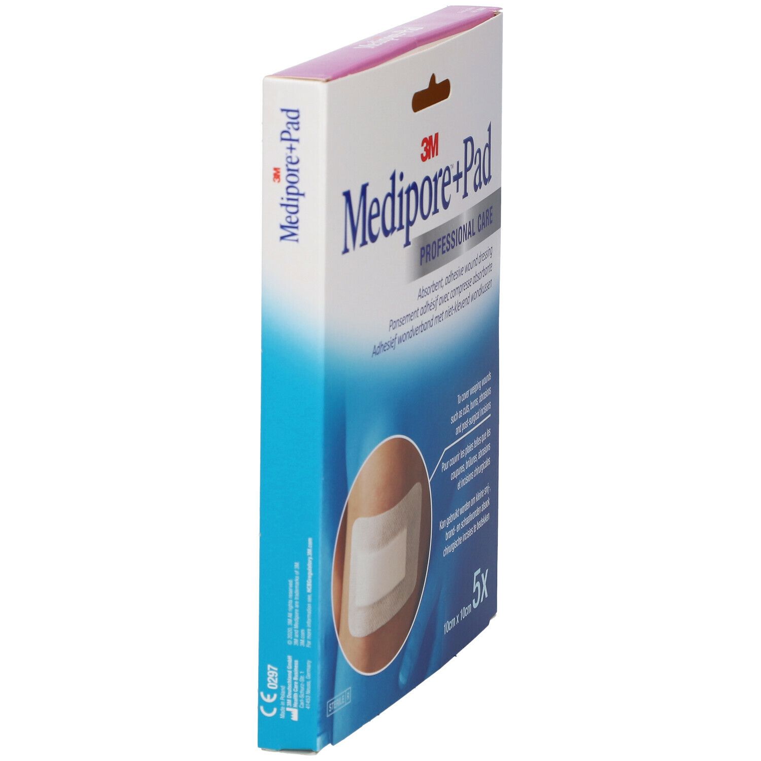 Seitenansicht der Verbandpackung Medipore+Pad. Aufschrift: Medipore+Pad. Verpackung mit Produktabbildung und Produktinformationen.