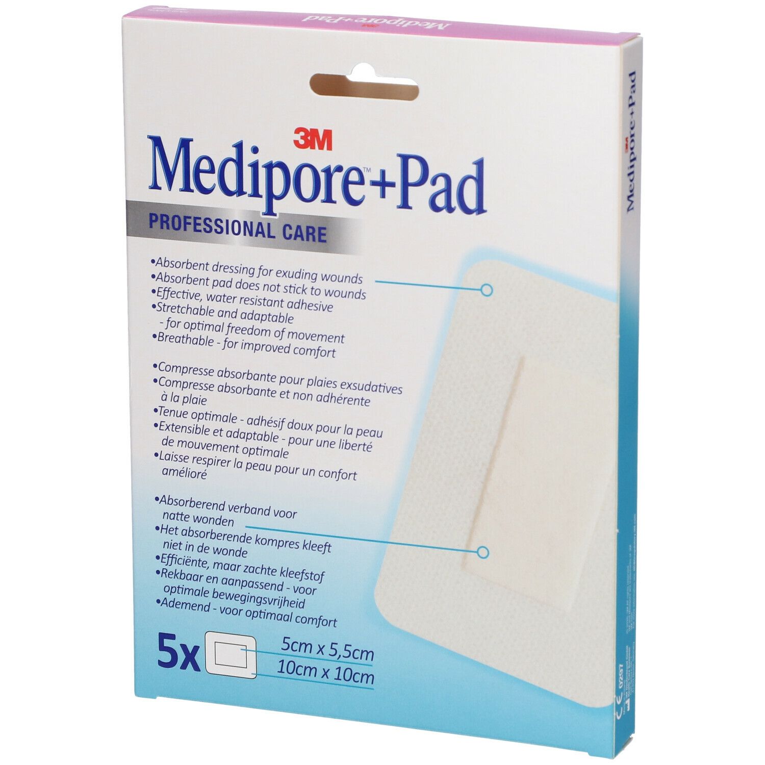 Verbandpackung Medipore+Pad. Aufschrift: Medipore+Pad, 10x10cm, 5 Stück. Produktinformationen in mehreren Sprachen.