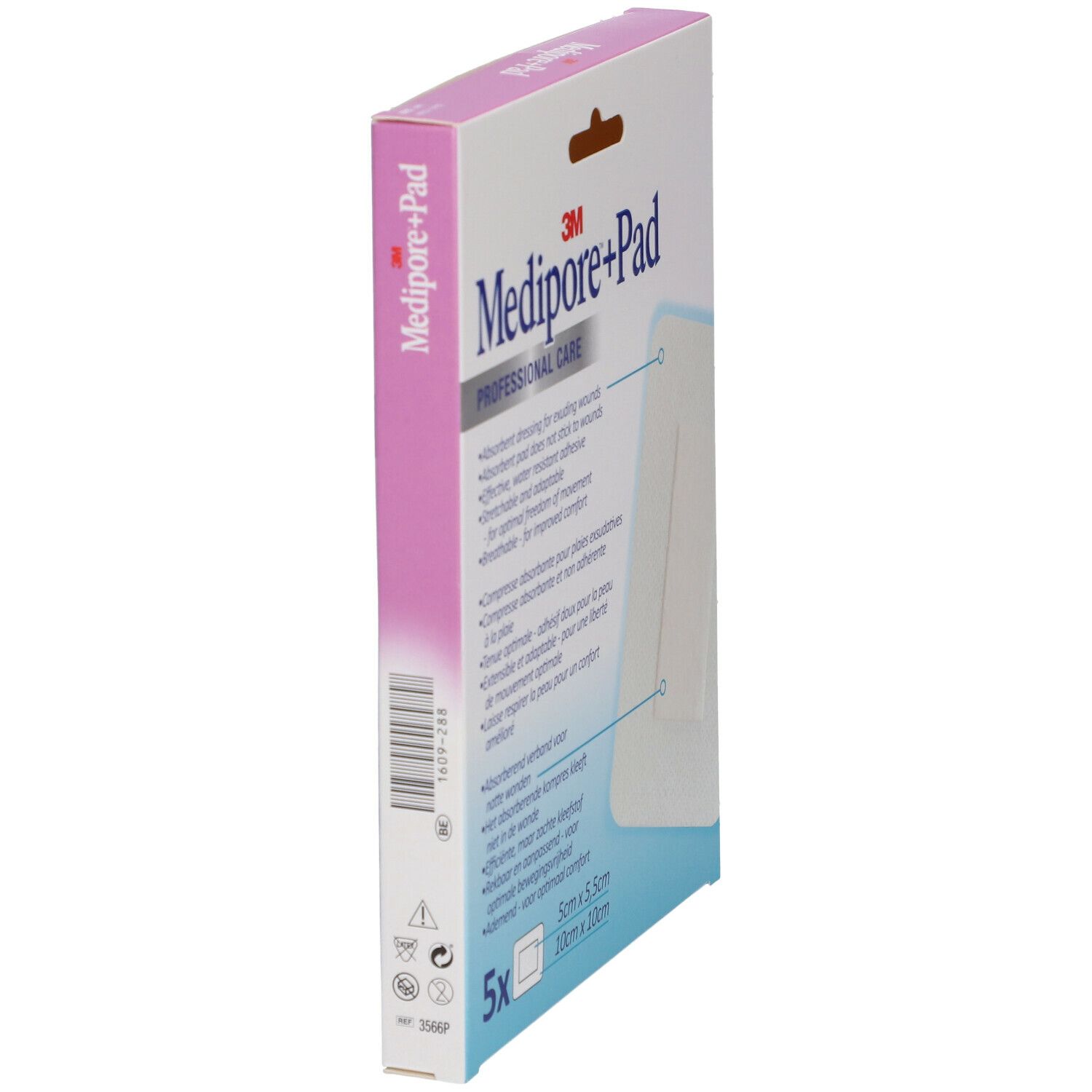 Seitenansicht der Verbandpackung Medipore+Pad. Aufschrift: Medipore+Pad. Verpackung mit Produktinformationen und Symbolen.