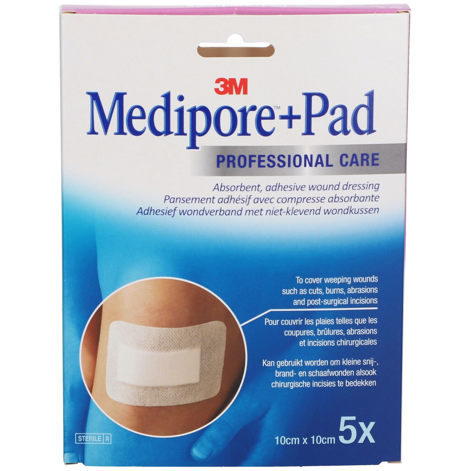 Verbandpackung mit Produktabbildung. Aufschrift: Medipore+Pad, 10x10cm, 5 Stück. Enthält einen selbstklebenden Wundverband.