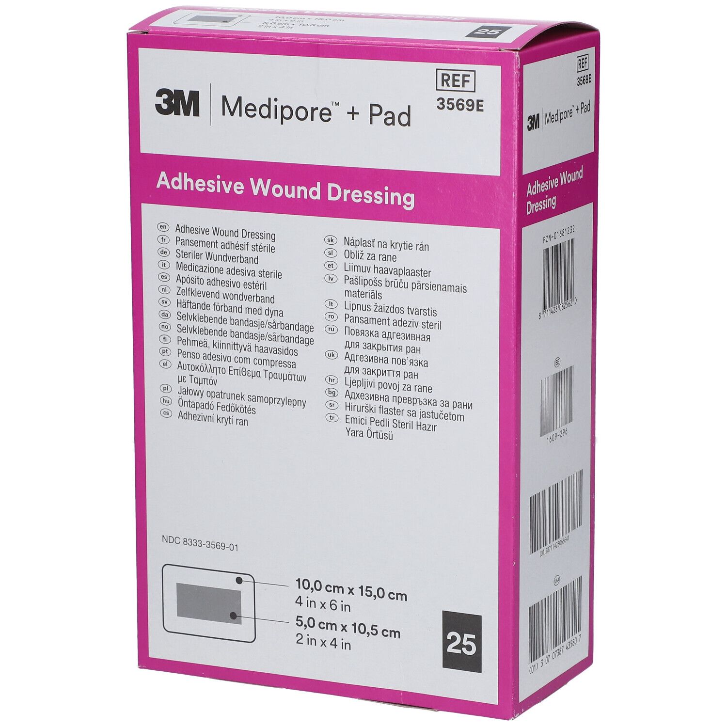 Verpackung von 3M Medipore + Pad. Aufschrift: Adhesive Wound Dressing. Größe: 10,0 cm x 15,0 cm. 25 Stück.