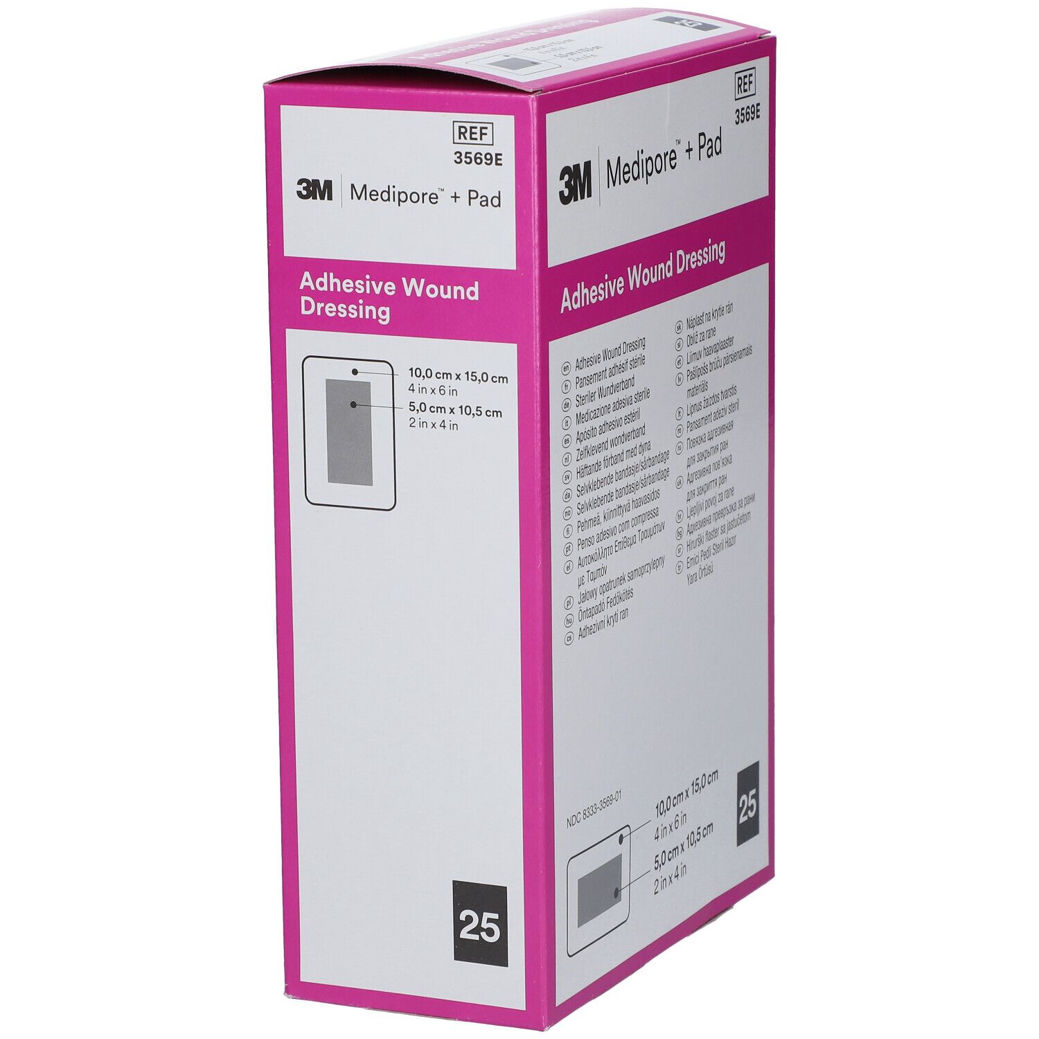 3M Medipore + Pad Verpackung. Aufschrift: Adhesive Wound Dressing. Größe: 10,0 cm x 15,0 cm. 25 Stück.