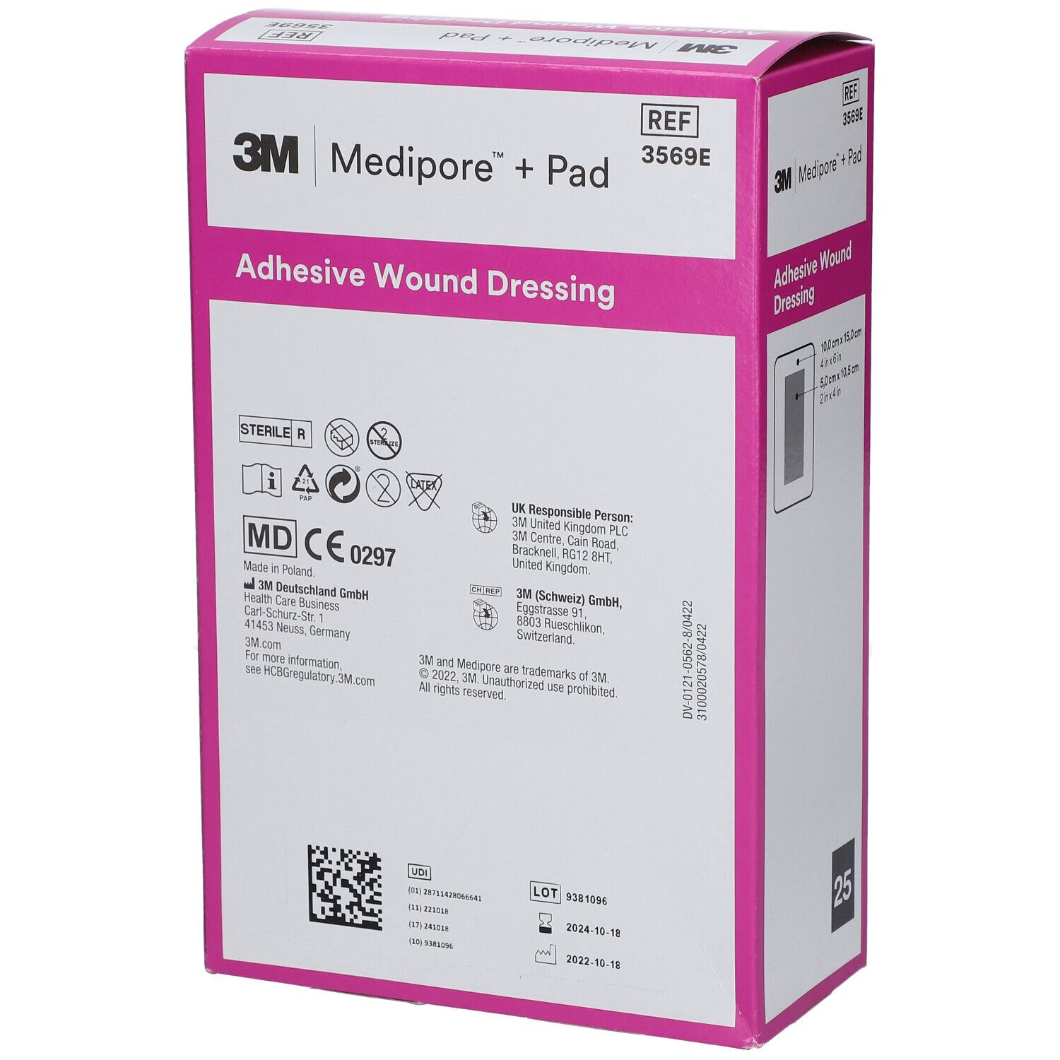 3M Medipore + Pad Verpackung. Aufschrift: Adhesive Wound Dressing. Größe: 10,0 cm x 15,0 cm. 25 Stück.