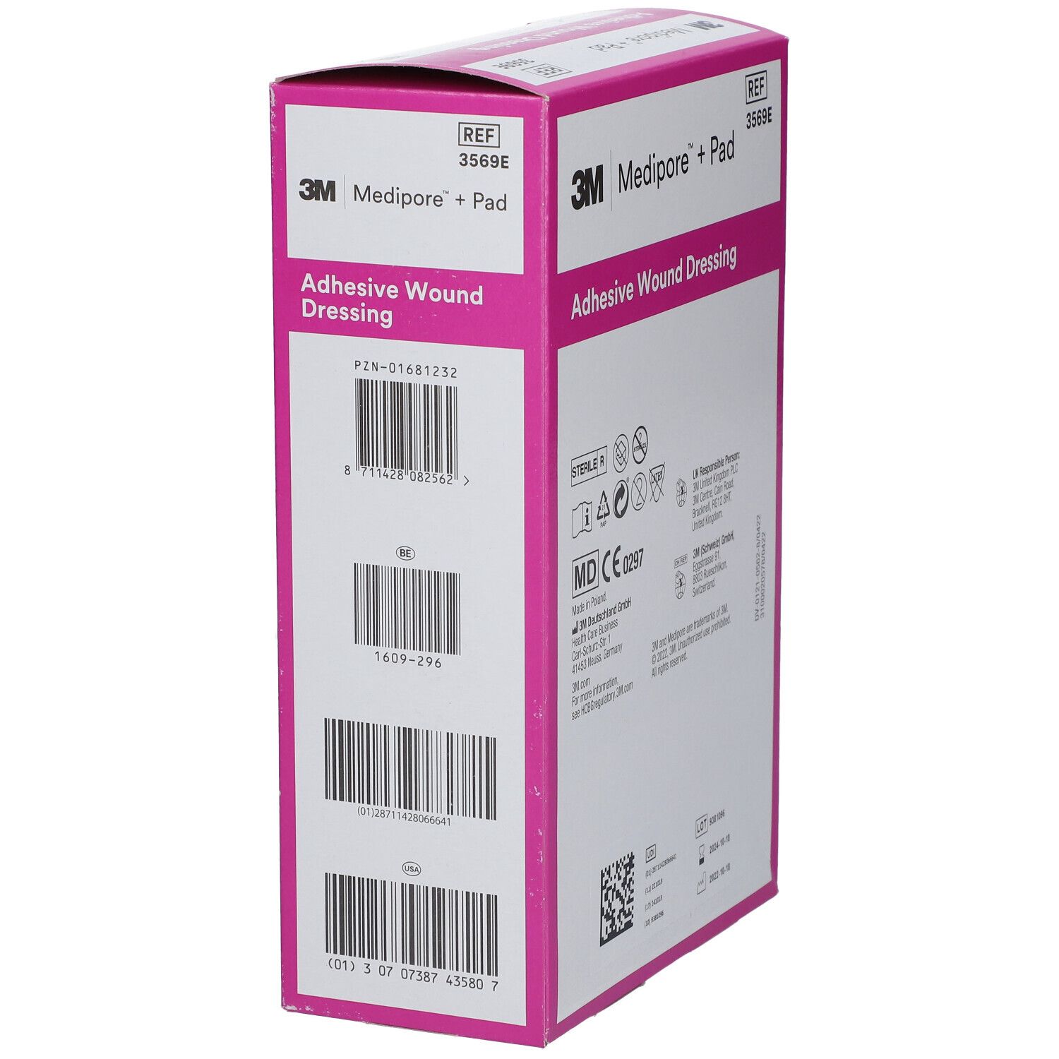 3M Medipore + Pad Verpackung. Aufschrift: Adhesive Wound Dressing. Größe: 10,0 cm x 15,0 cm. 25 Stück.