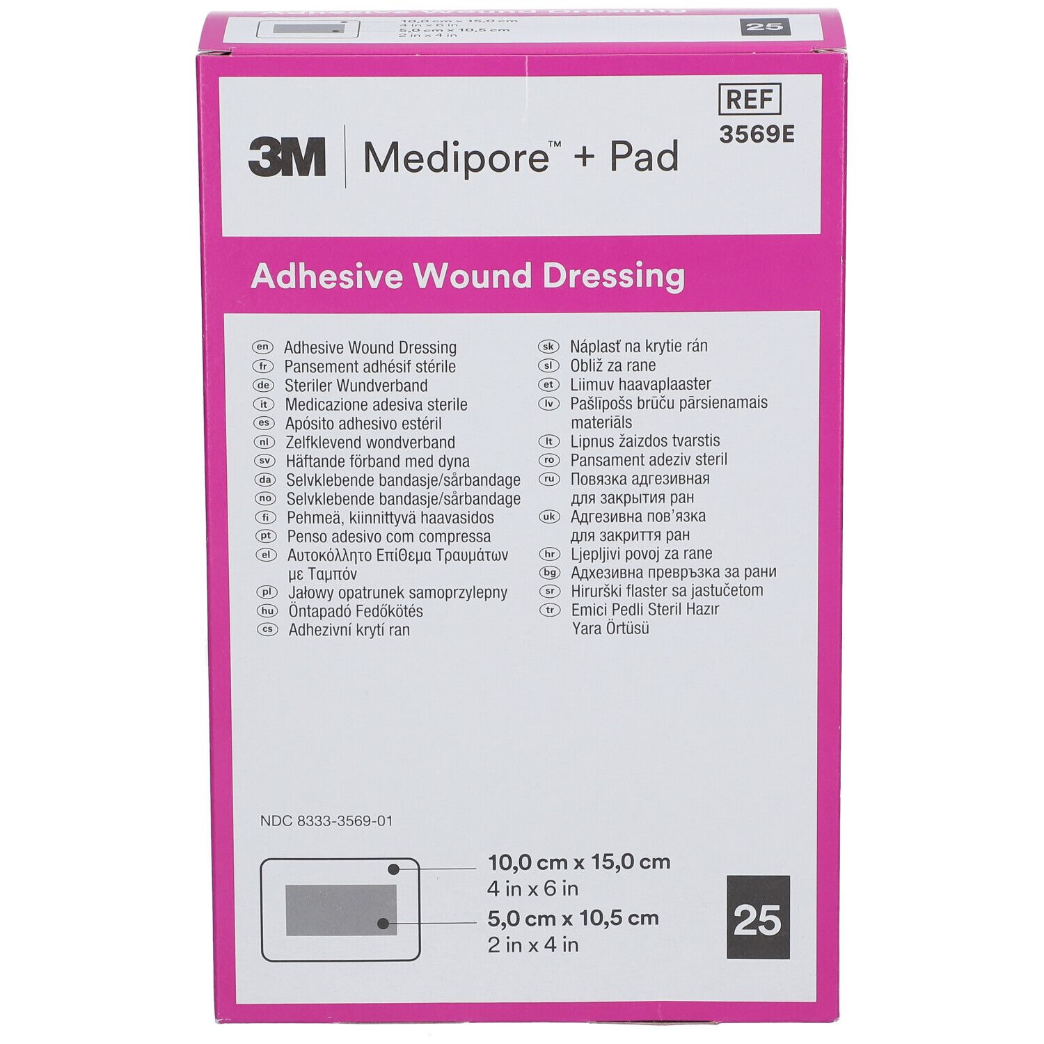 3M Medipore + Pad Verpackung. Aufschrift: Adhesive Wound Dressing. Größe: 10,0 cm x 15,0 cm. 25 Stück.