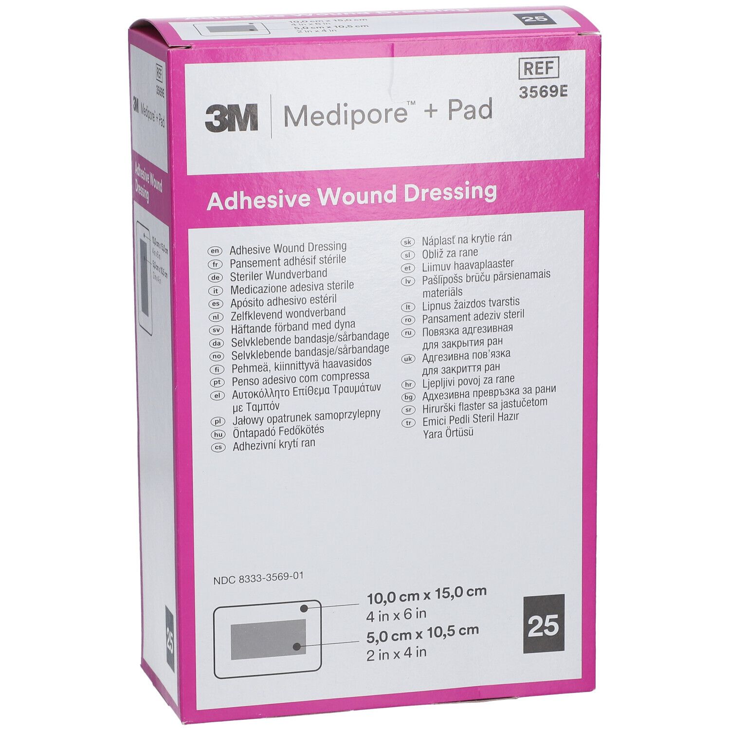 3M Medipore + Pad Verpackung. Aufschrift: Adhesive Wound Dressing. Größe: 10,0 cm x 15,0 cm. 25 Stück.