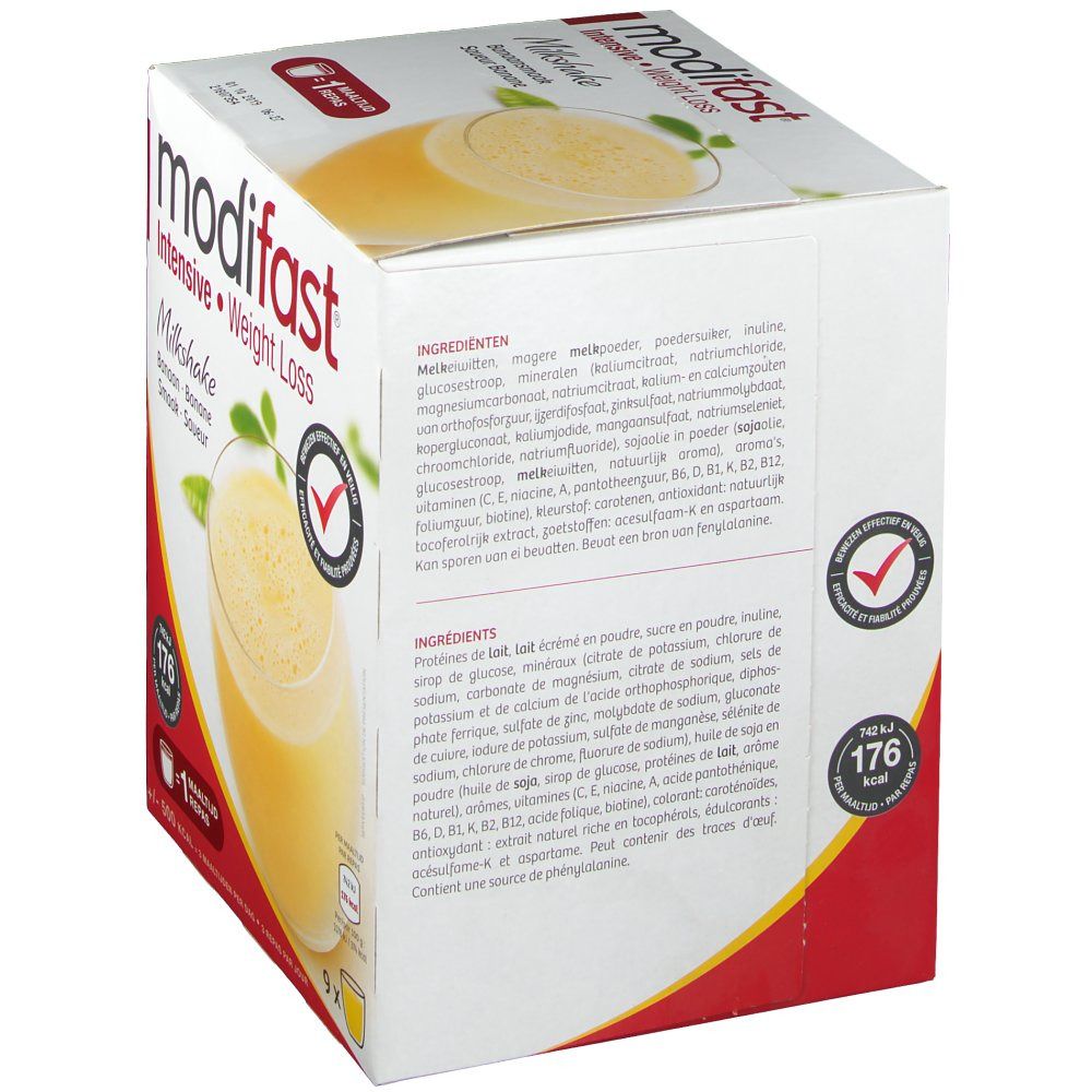 Boîte Modifast Intensive Milkshake Banane. Liste des ingrédients et informations nutritionnelles. Logo rouge, texte blanc. Boisson jaune.